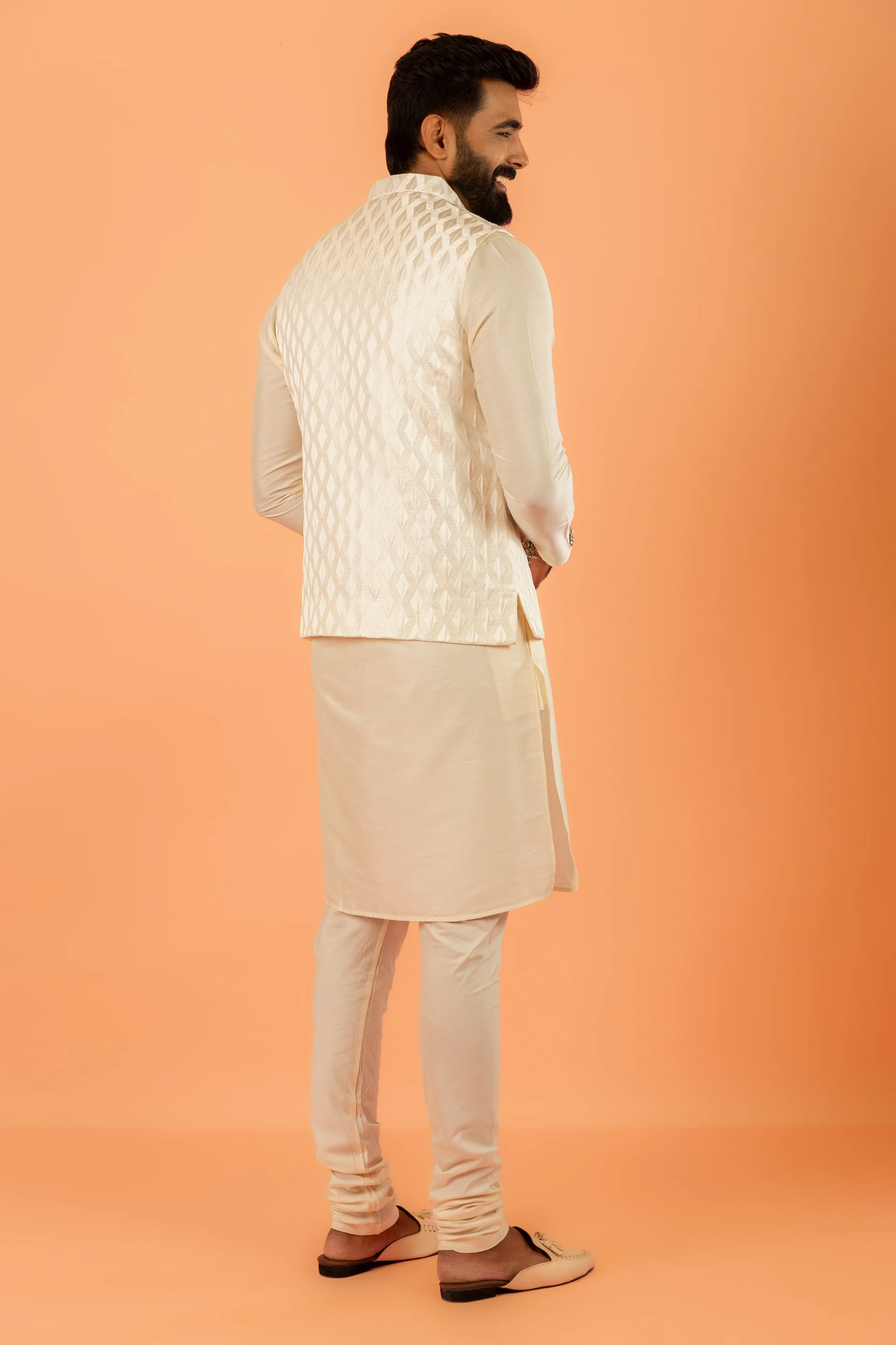 Cream Art Silk Textured Nehru Jacket - Image 5