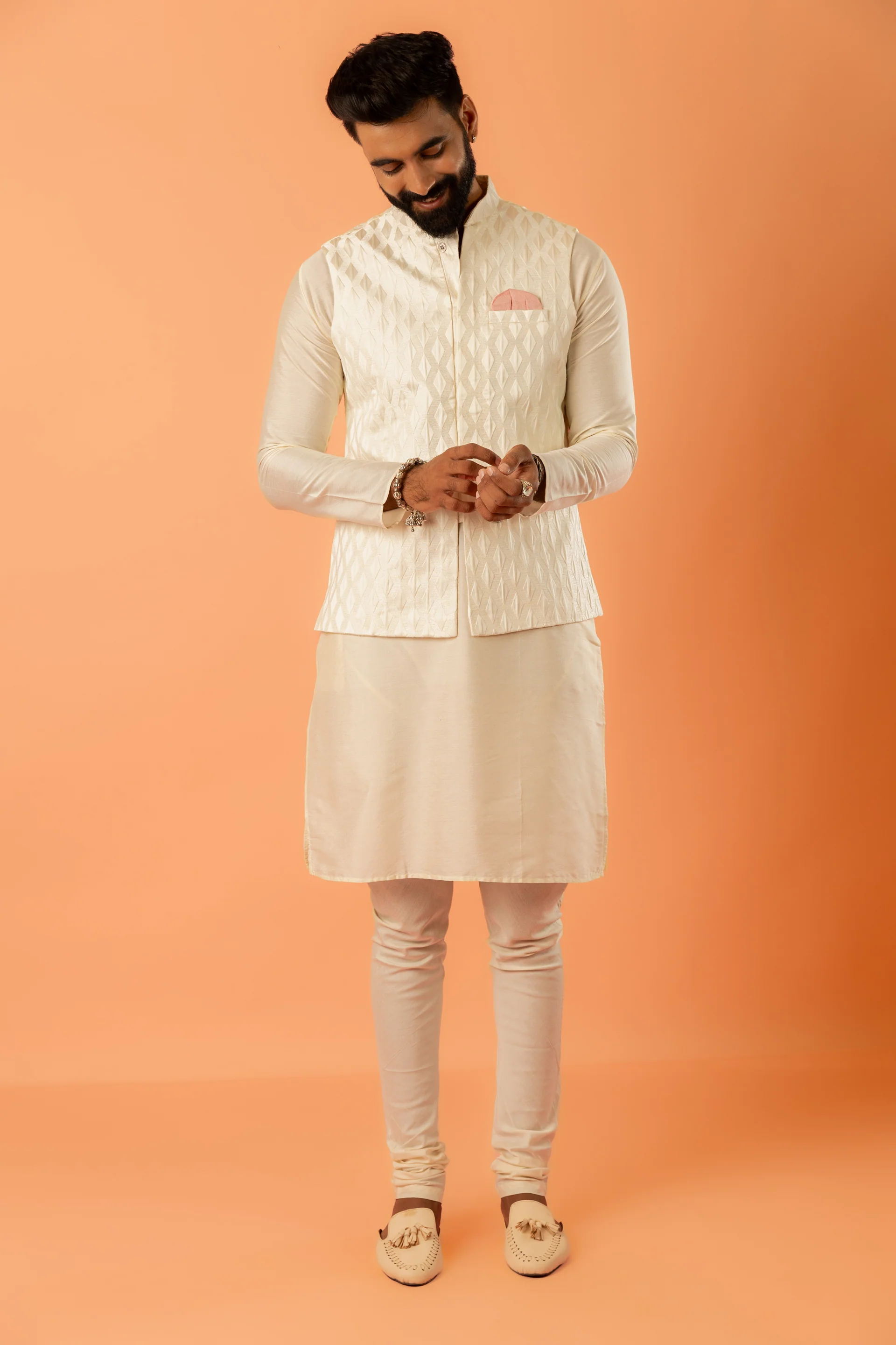 Cream Art Silk Textured Nehru Jacket - Image 6