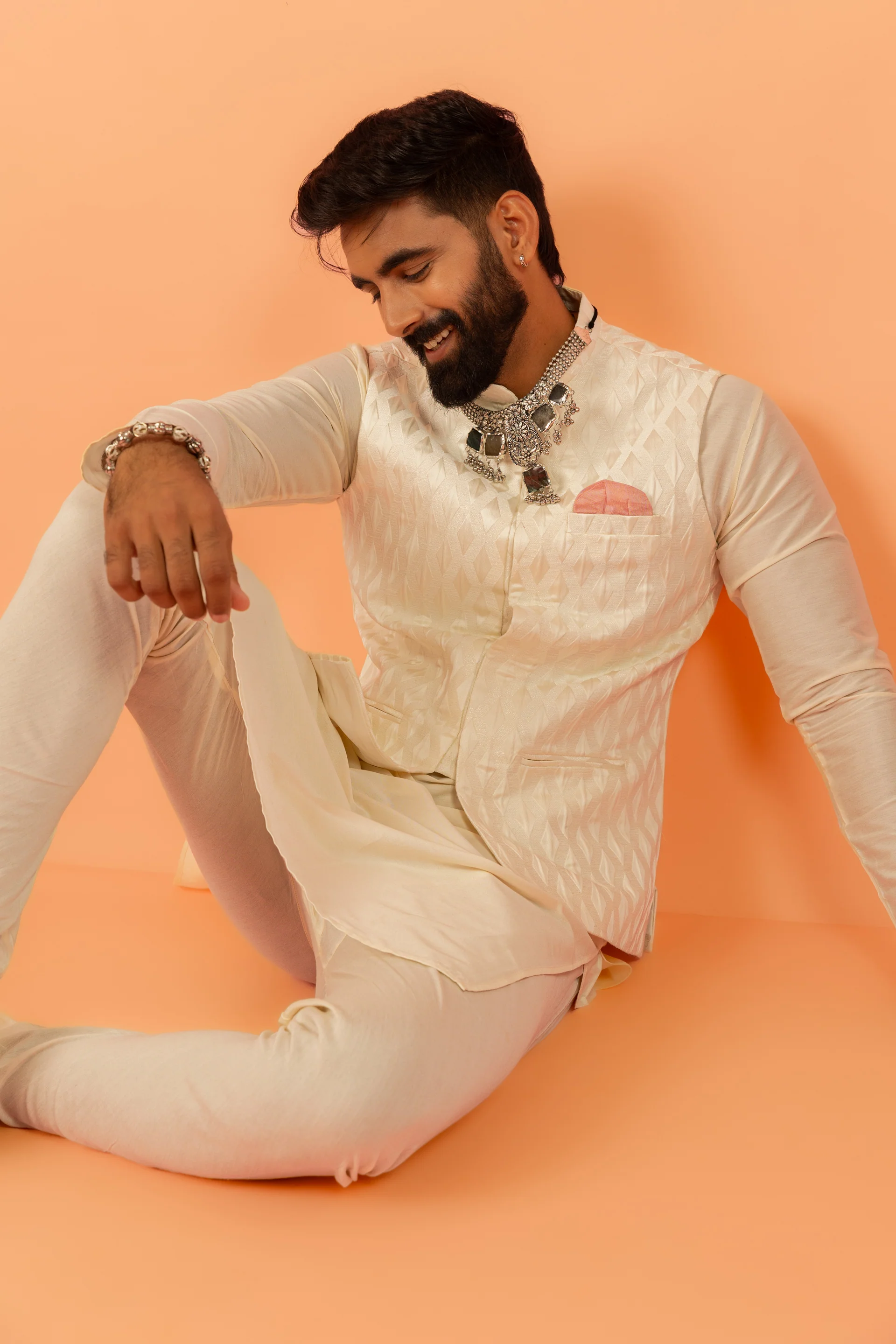 Cream Art Silk Textured Nehru Jacket - Image 7