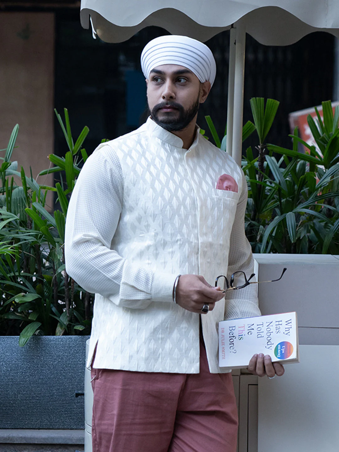 Cream Art Silk Textured Nehru Jacket - Image 9
