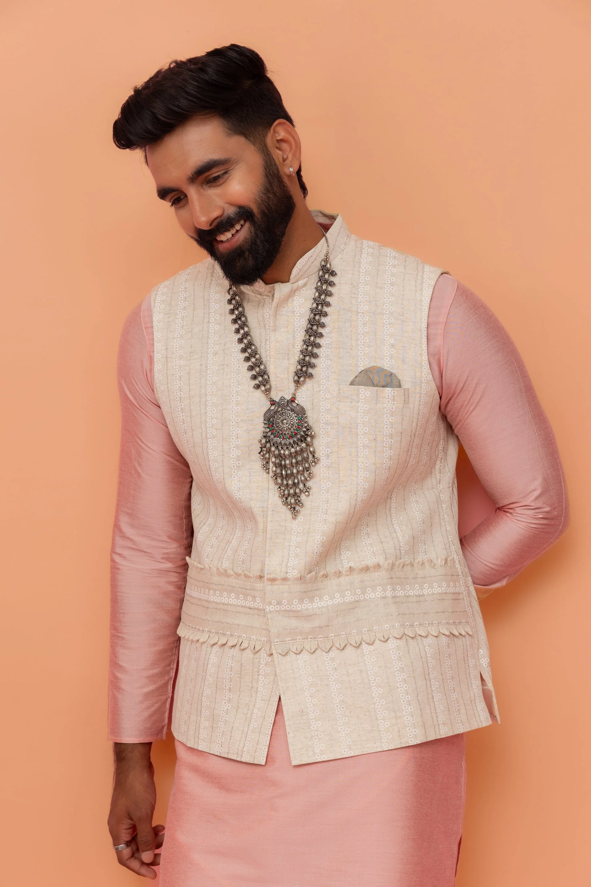 Beige Silk Blend Embroidered Nehru Jacket - Image 15