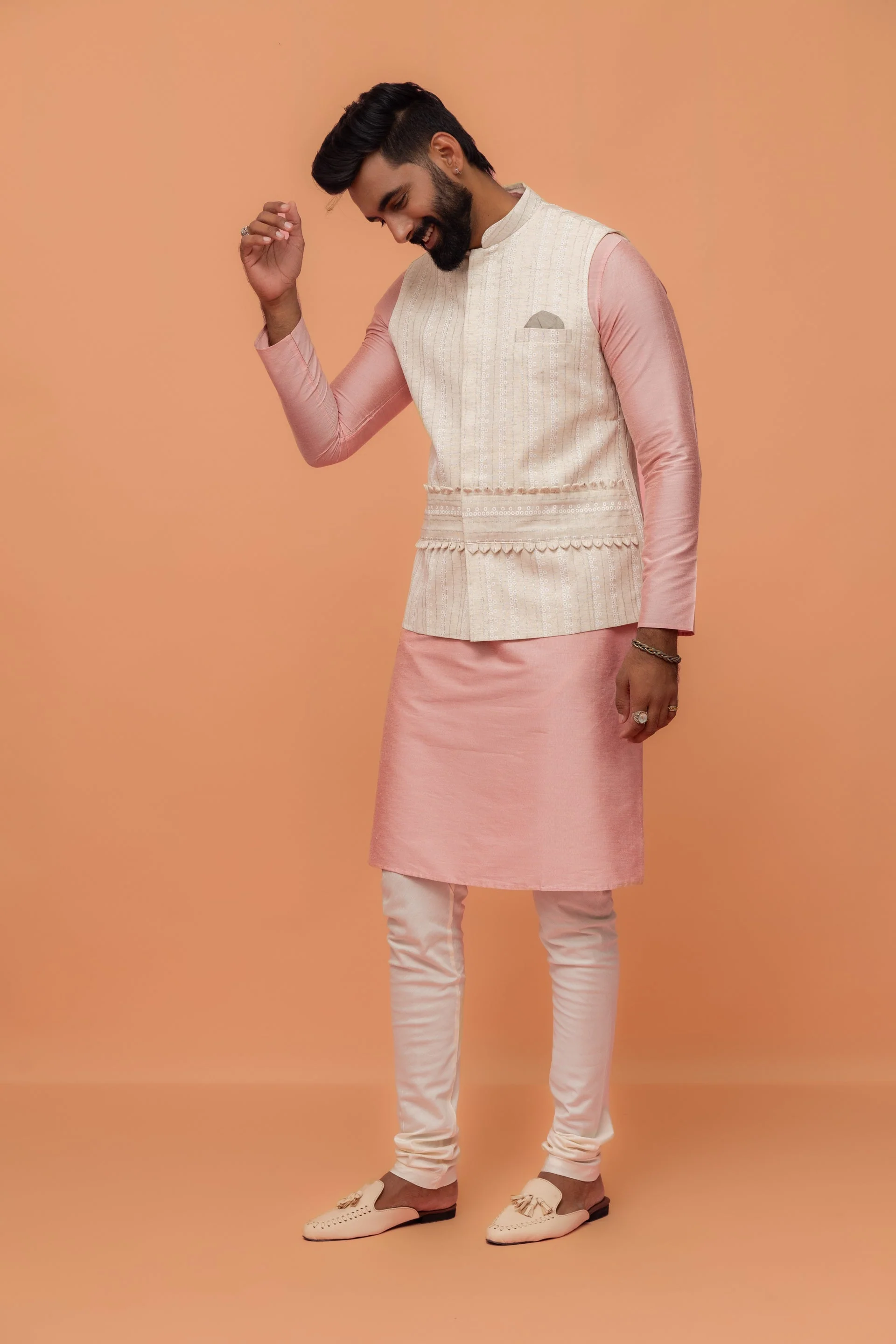 Beige Silk Blend Embroidered Nehru Jacket - Image 16