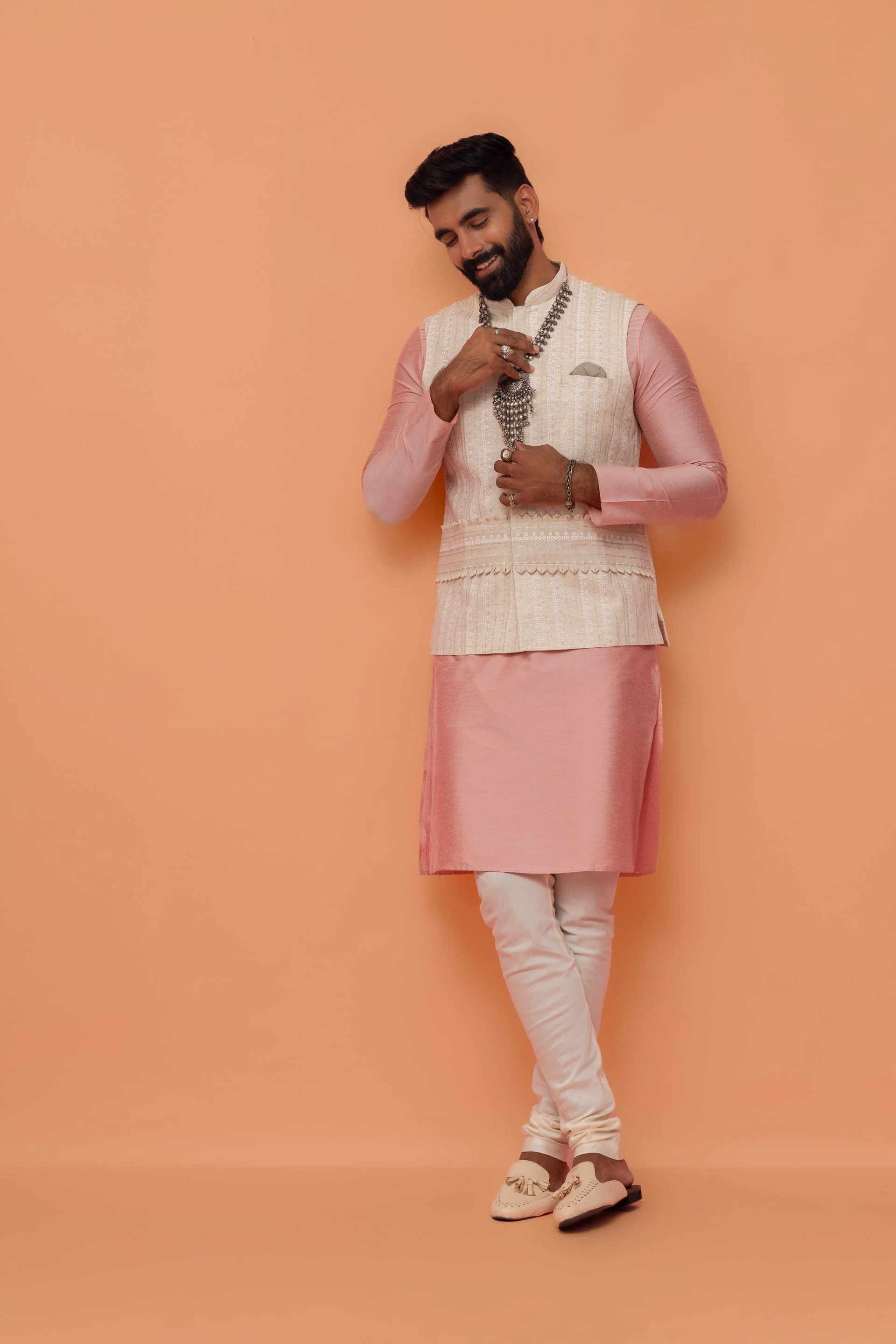 Beige Silk Blend Embroidered Nehru Jacket - Image 21