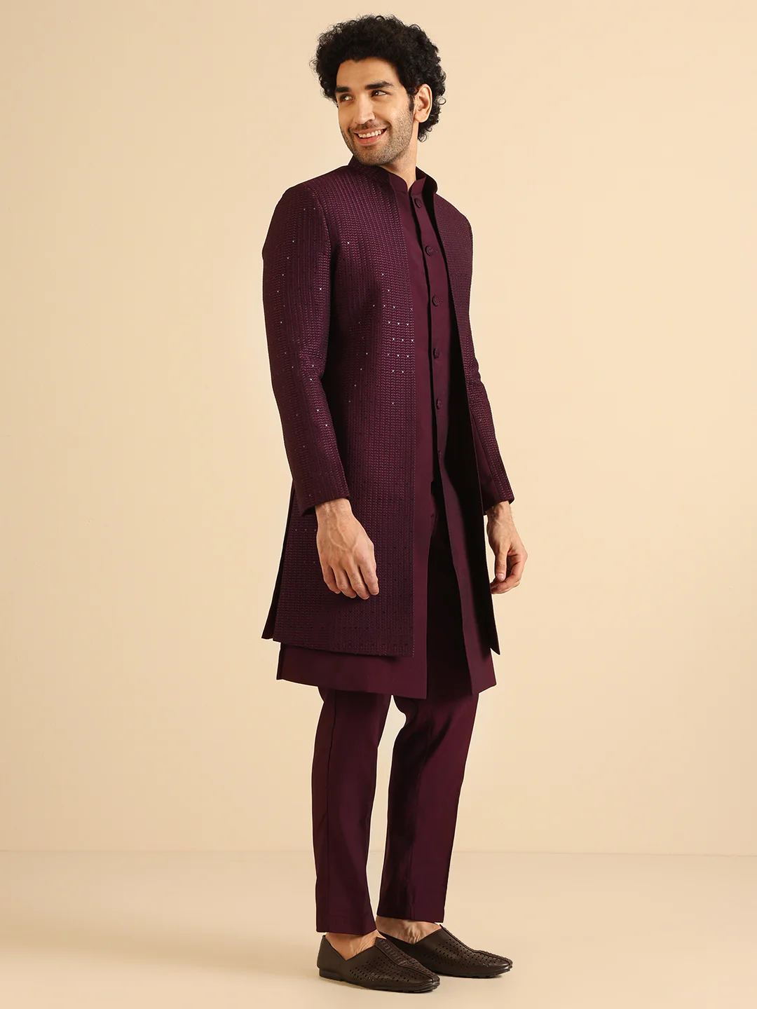 Maroon Silk Blend Mirror Work Sherwani Trouser Set - Image 3