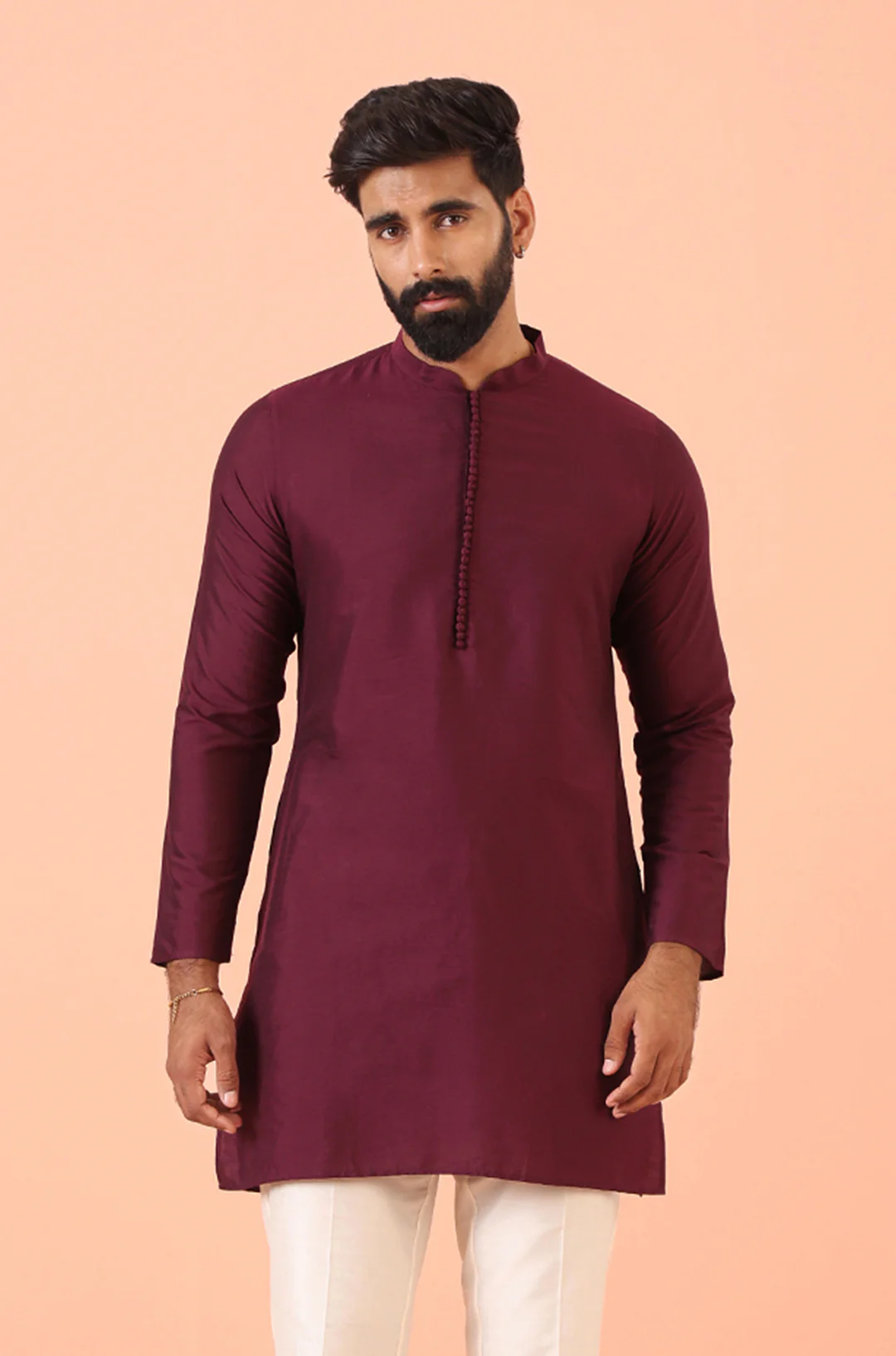 Wine Solid Silk Blend Mid Kurta
