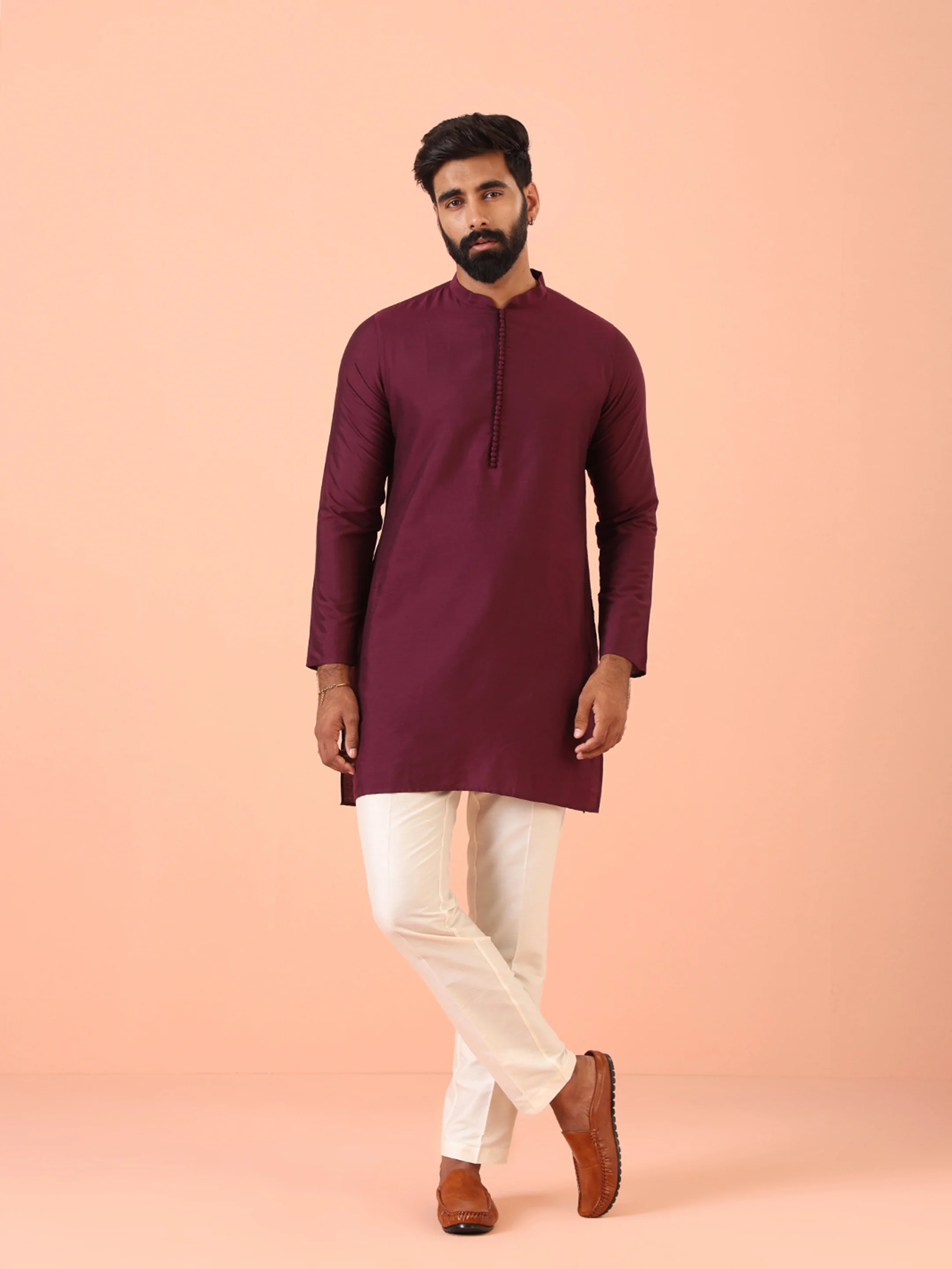 Men Wine Kurta Trouser Set