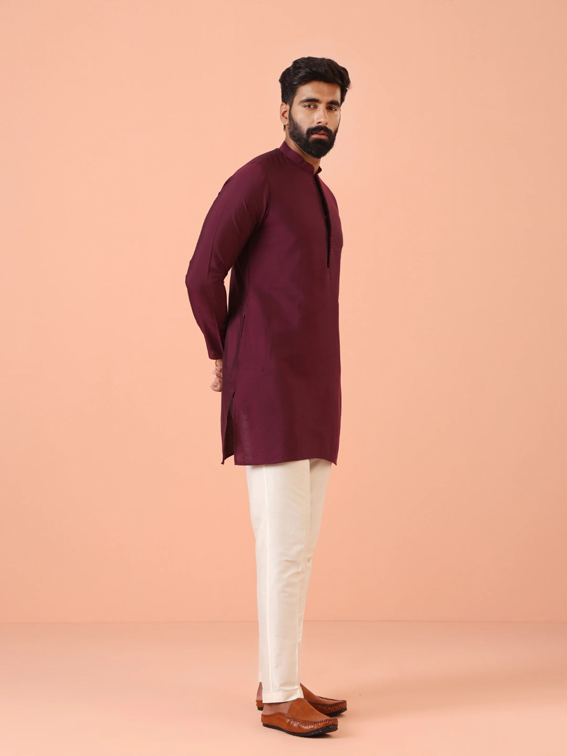Men Wine Kurta Trouser Set - Image 3