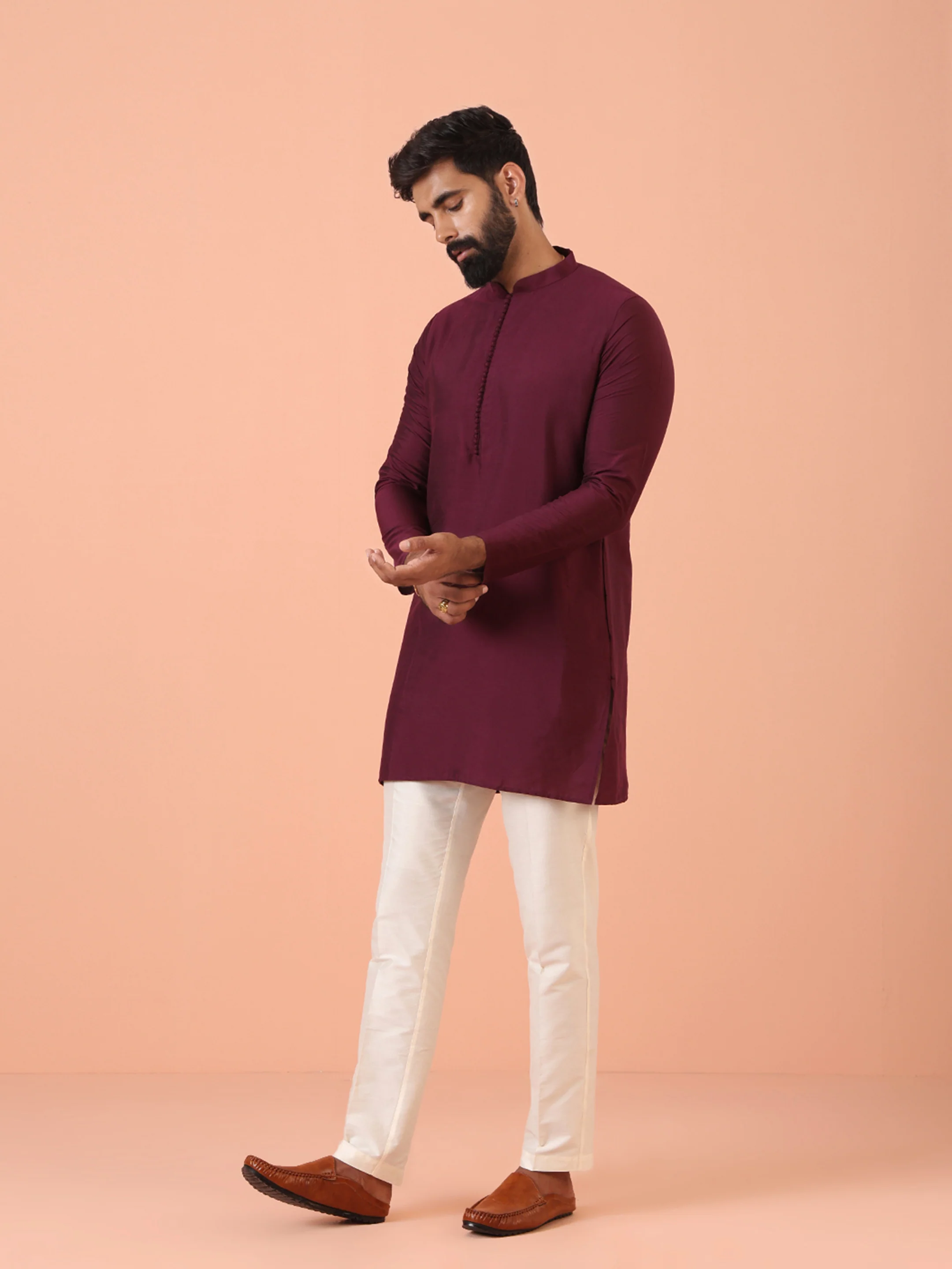 Men Wine Kurta Trouser Set - Image 4