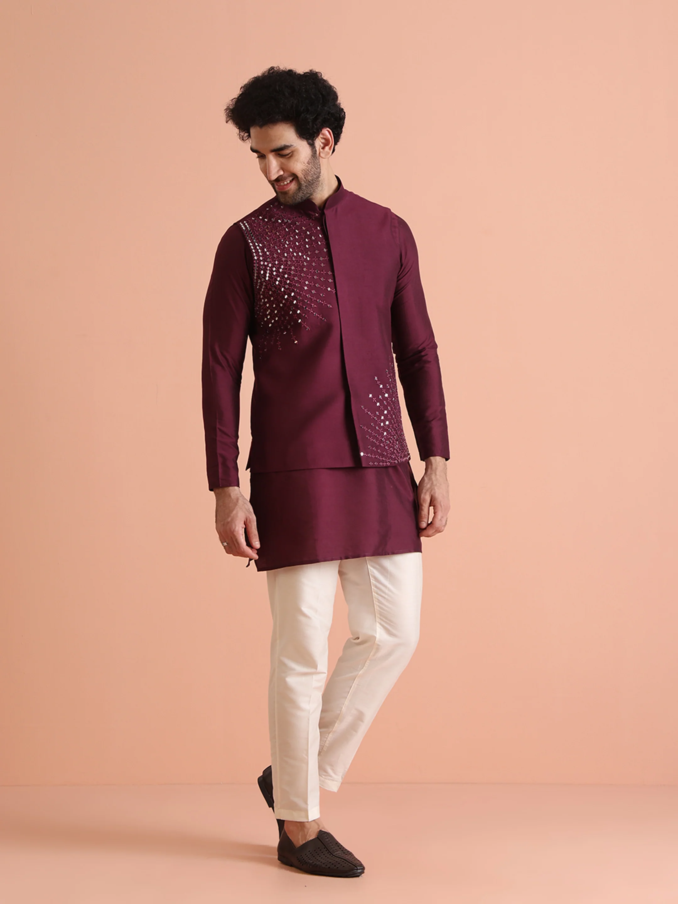 Wine Mirror Work Nehru Jacket - Image 2
