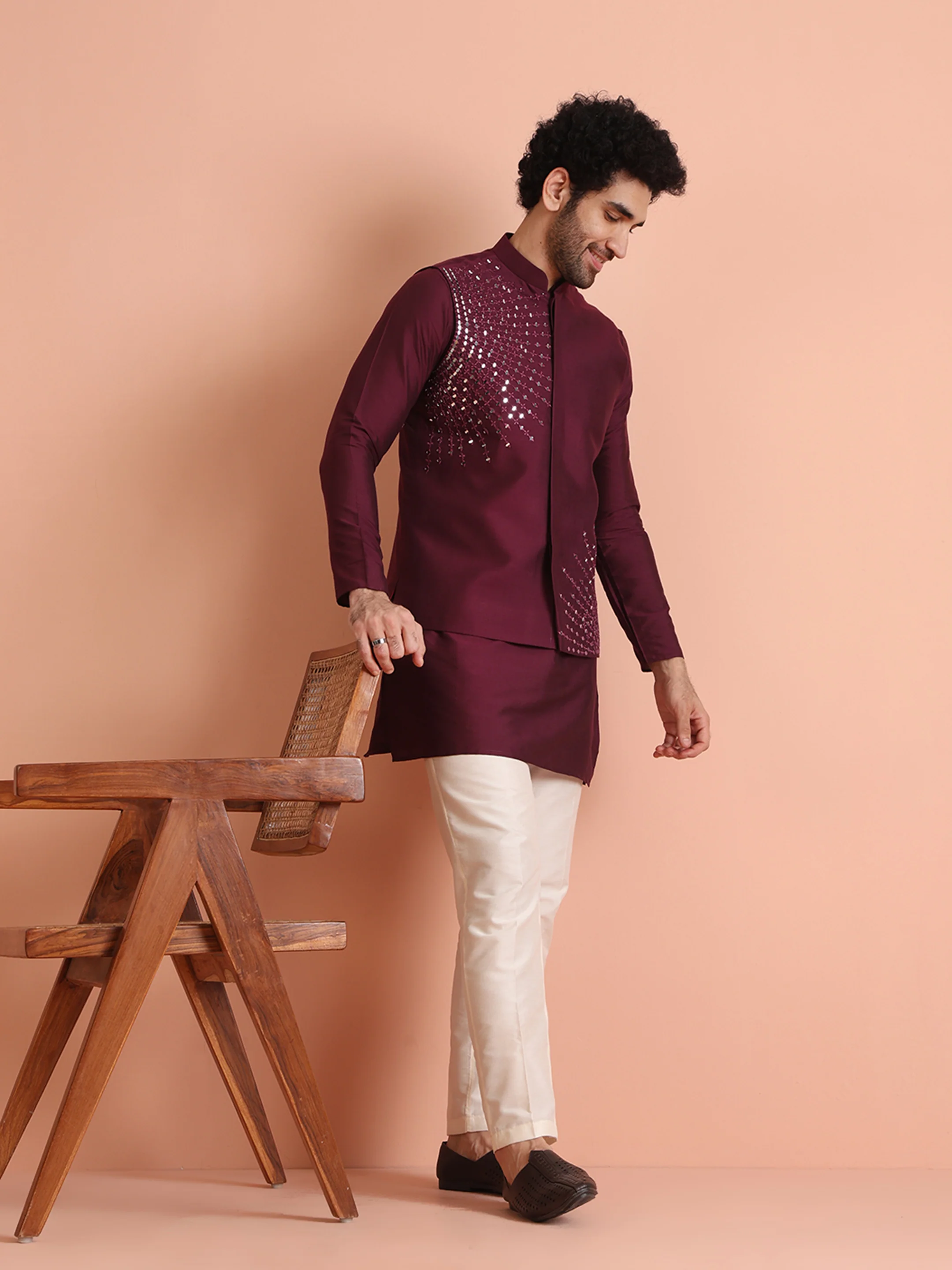 Wine Mirror Work Nehru Jacket - Image 6