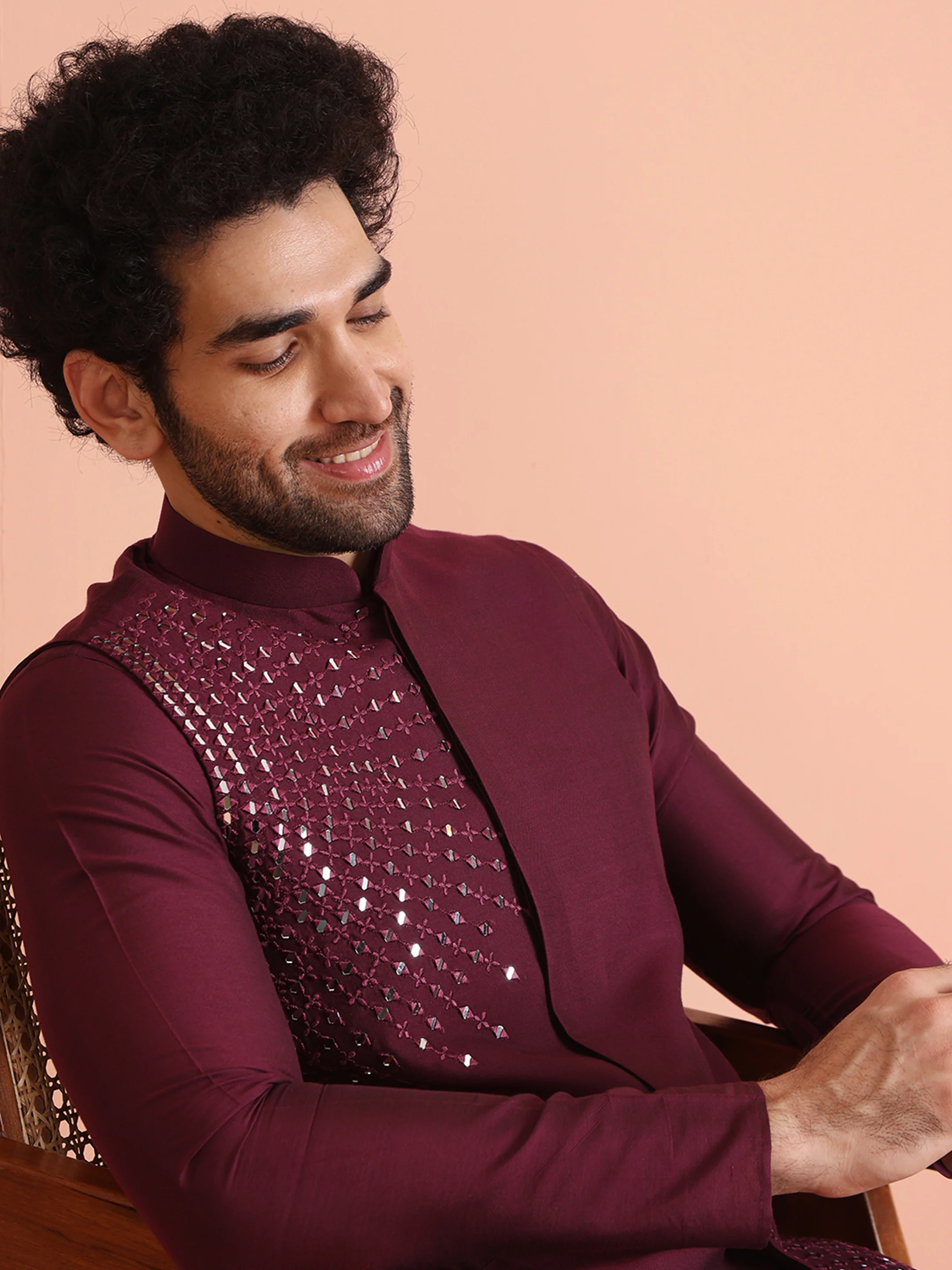 Wine Mirror Work Nehru Jacket - Image 7