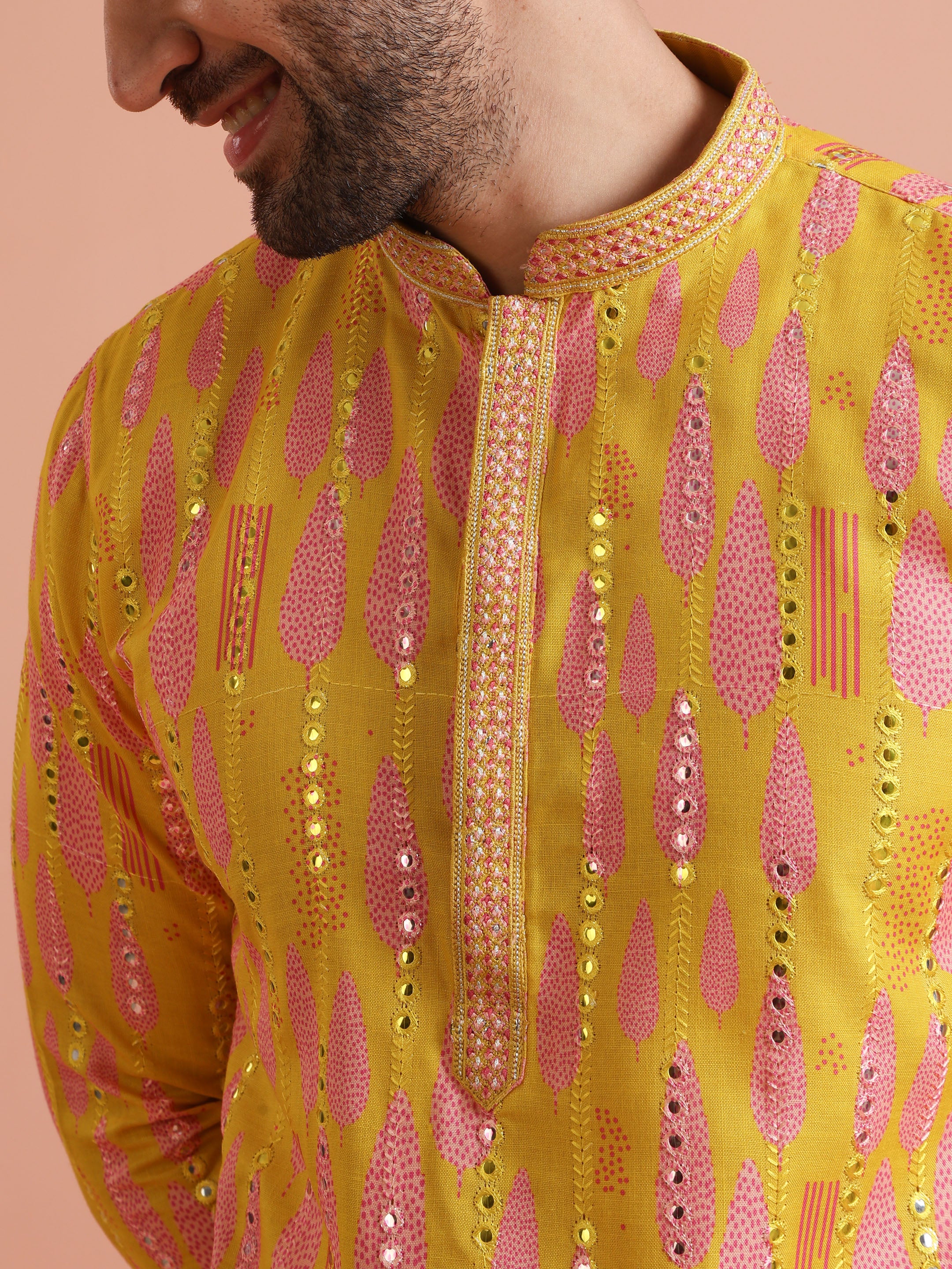Yellow Sequin Kurta with Cream Trouser Set - Image 6