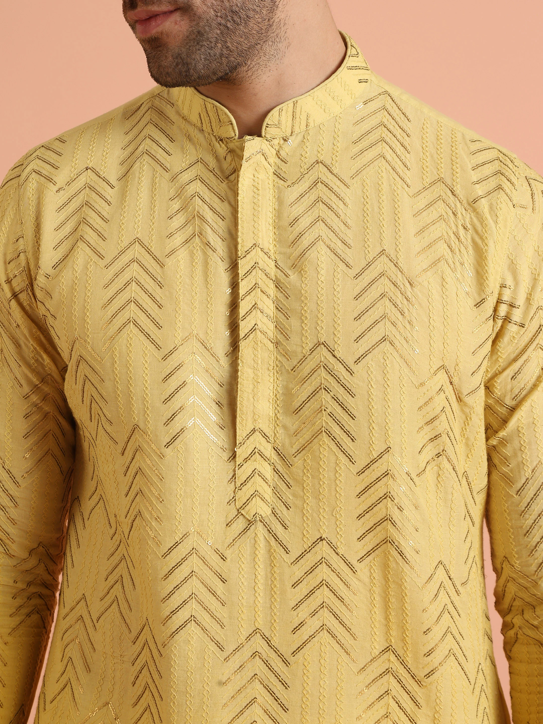 Men Yellow Embroidered Sequinned Kurta Trouser Set - Image 2