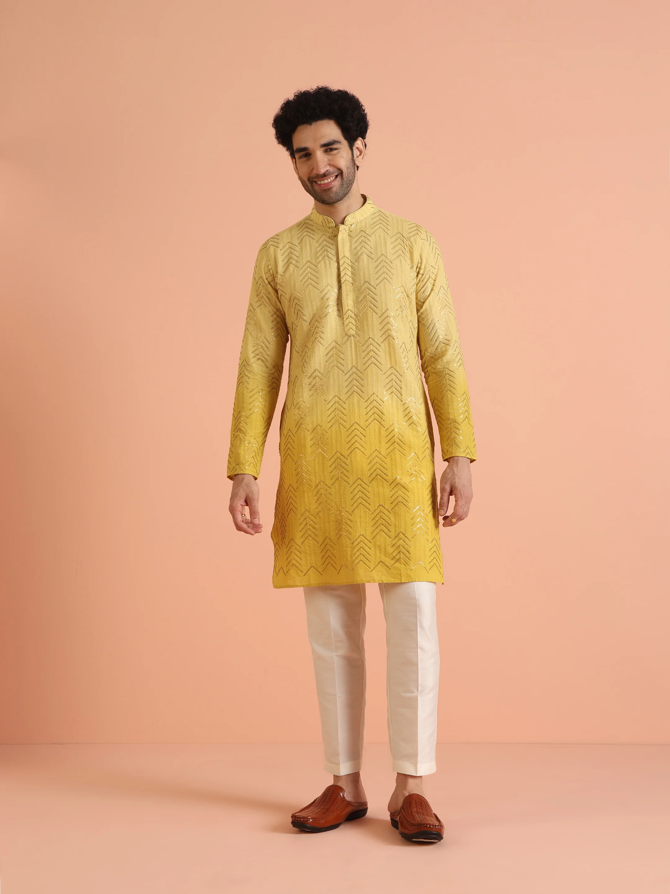 Men Yellow Embroidered Sequinned Kurta Trouser Set - Image 7