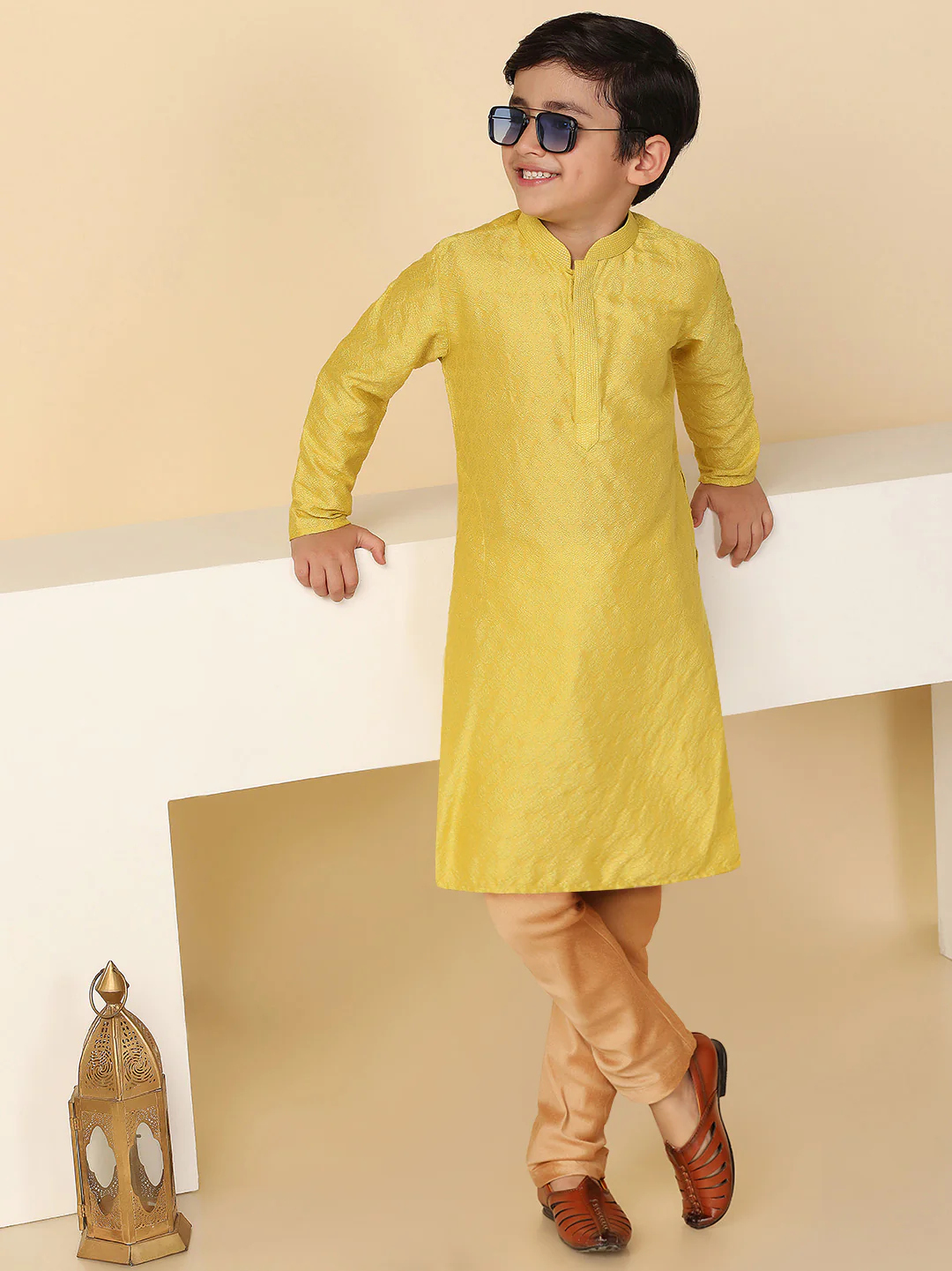 Men Yellow Jacquard Kurta Pyjama Set with Ethnic Motifs