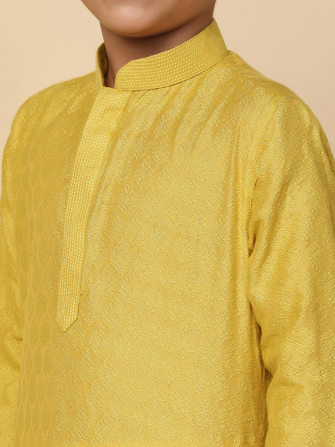 Men Yellow Jacquard Kurta Pyjama Set with Ethnic Motifs - Image 7