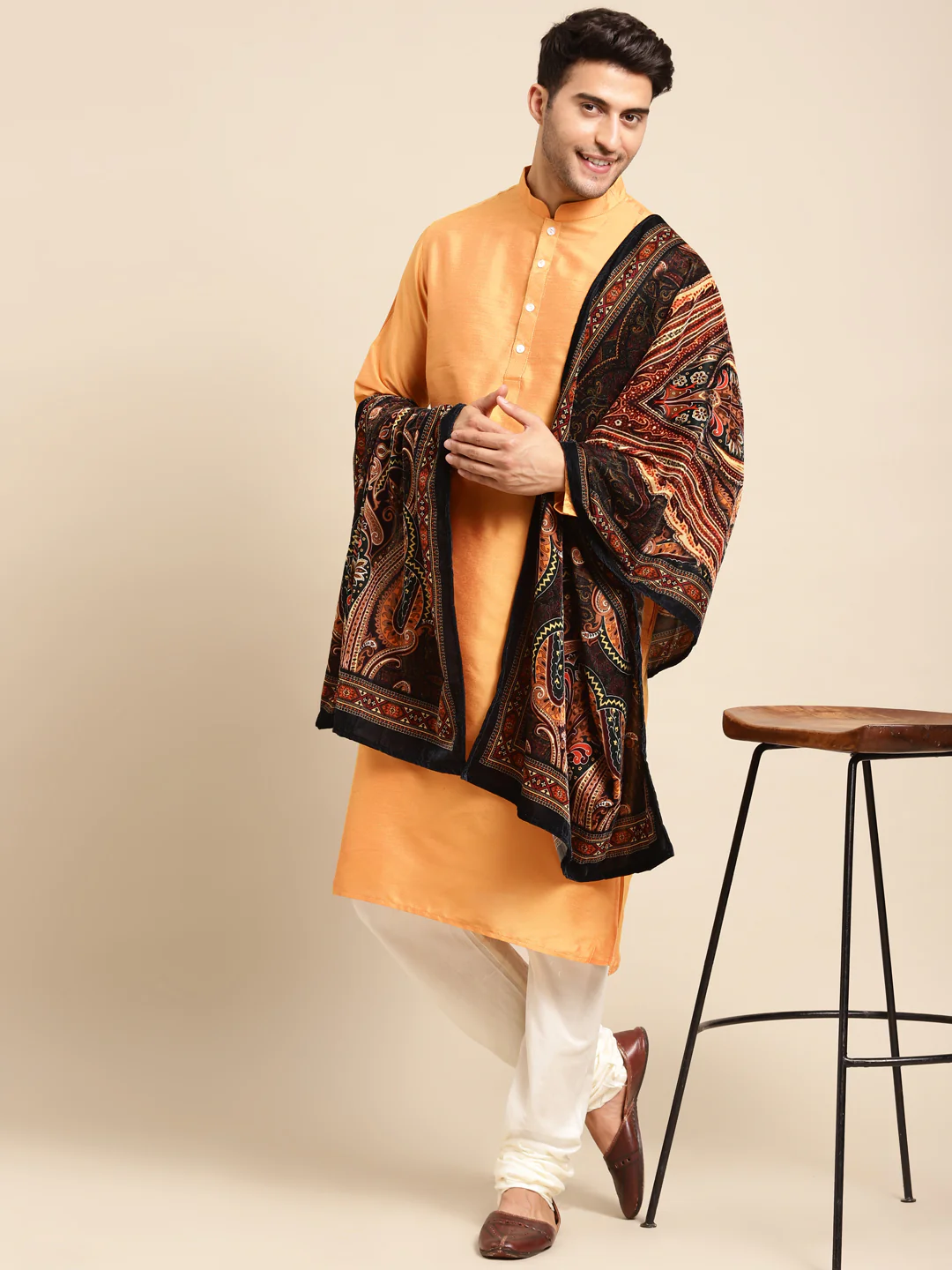 Mustard Cotton Silk Kurta Cream Churidar Dupatta Set