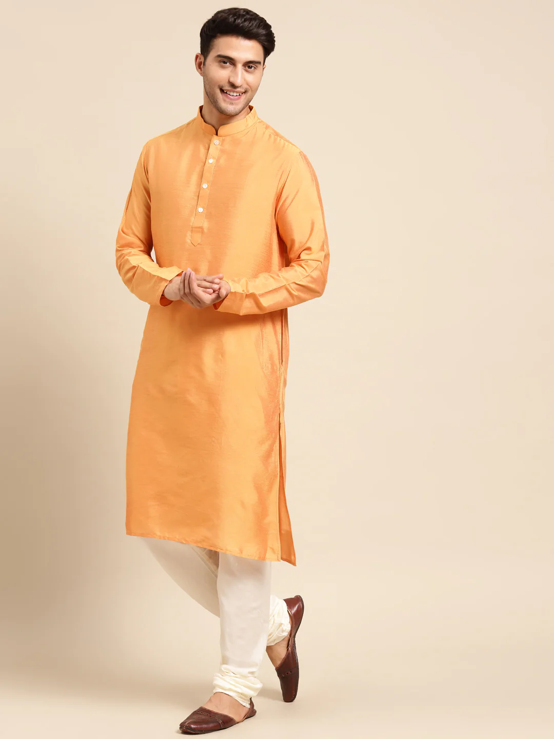 Mustard Cotton Silk Kurta Cream Churidar Dupatta Set - Image 3