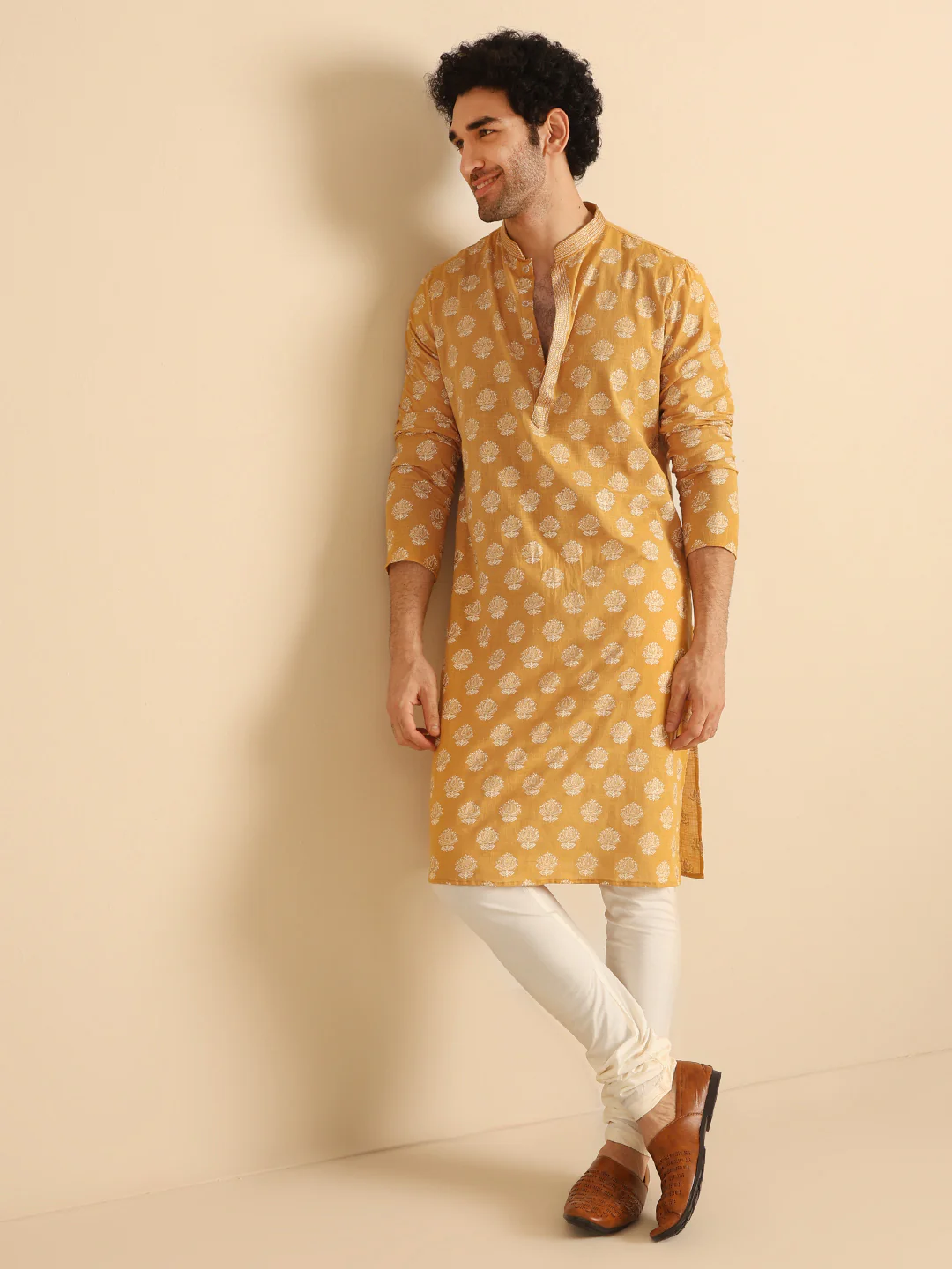 Mustard Yellow Kurta Cream Churidar Set - Image 7