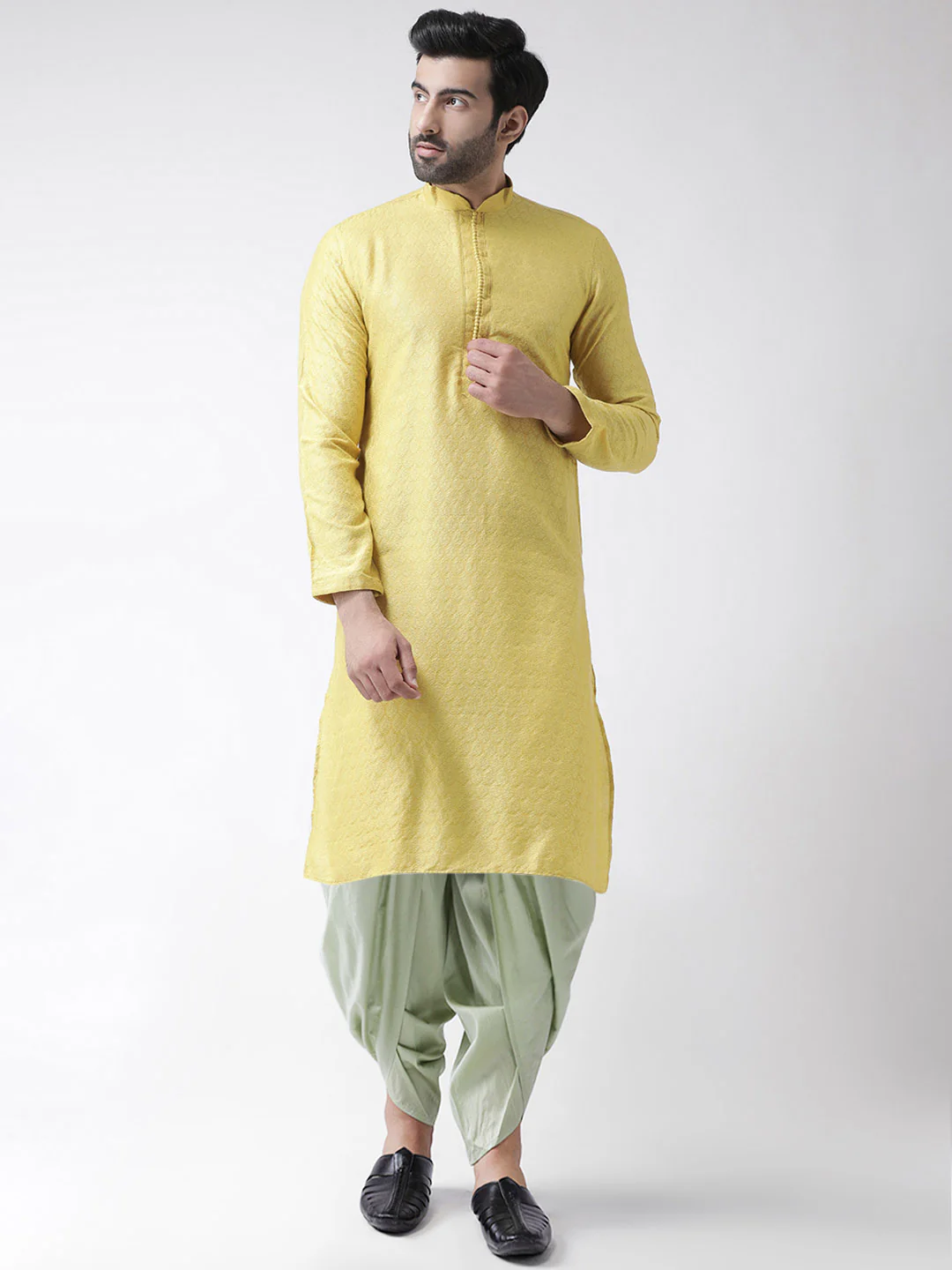 Yellow Silk Blend Kurta Mint Dhoti Set