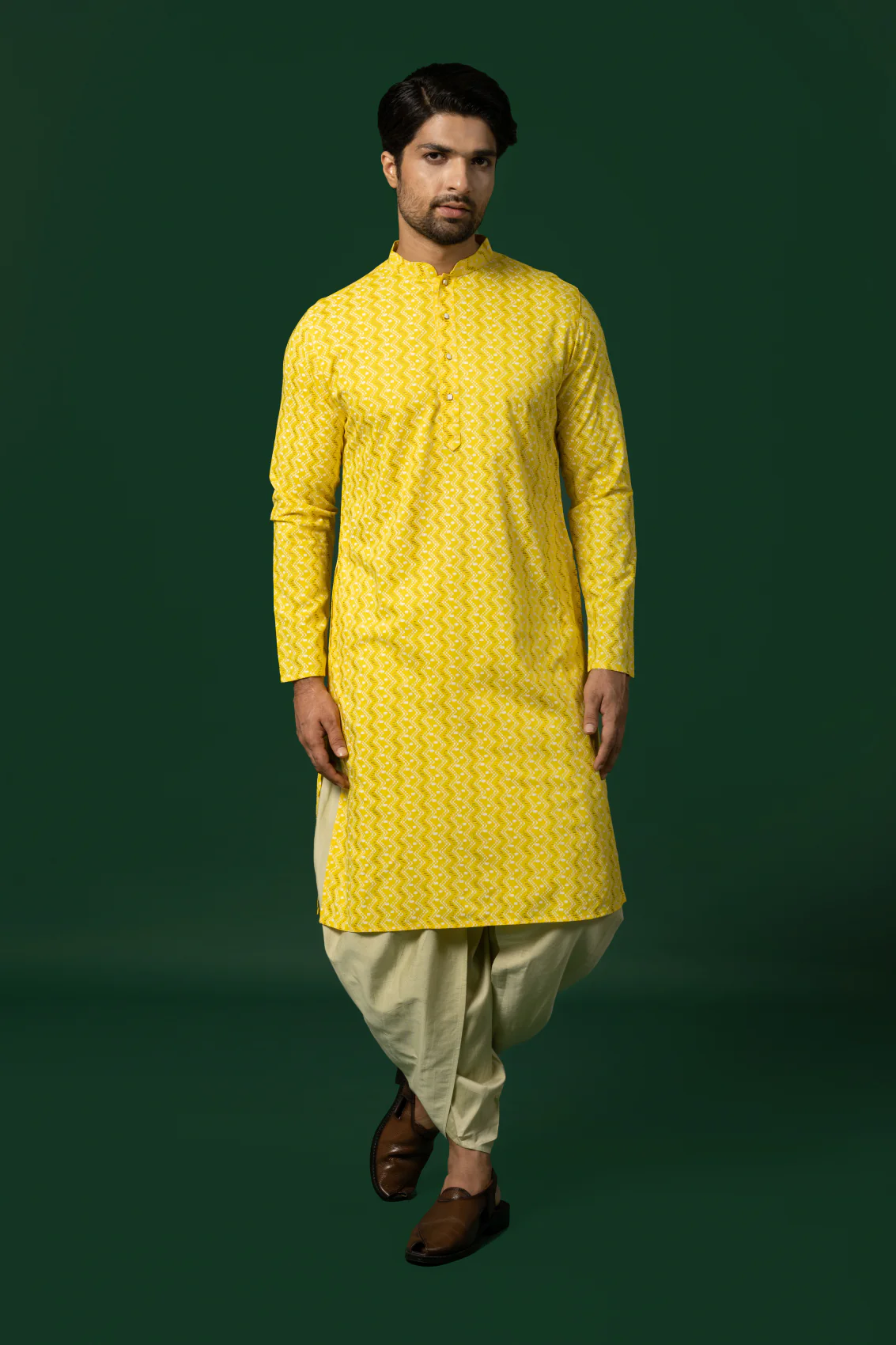 Yellow Silk Blend Printed Kurta Dhoti