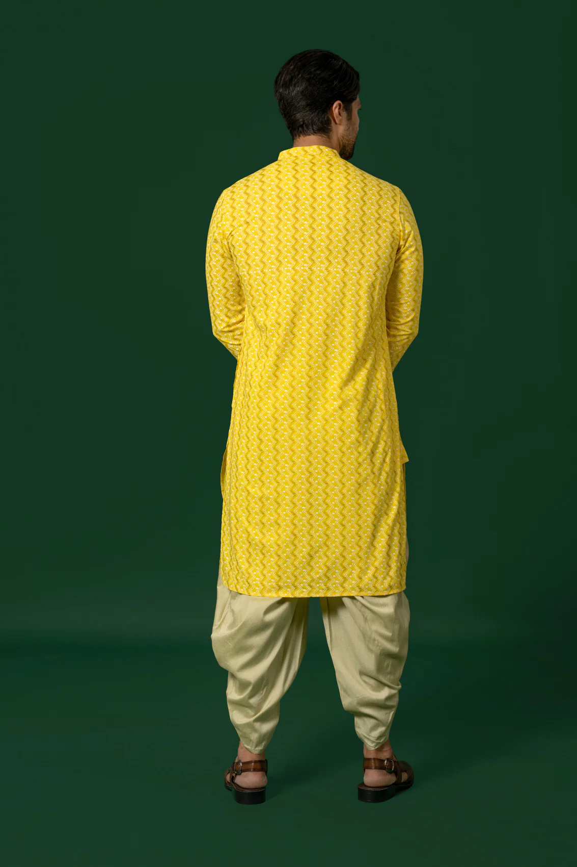 Yellow Silk Blend Printed Kurta Dhoti - Image 4