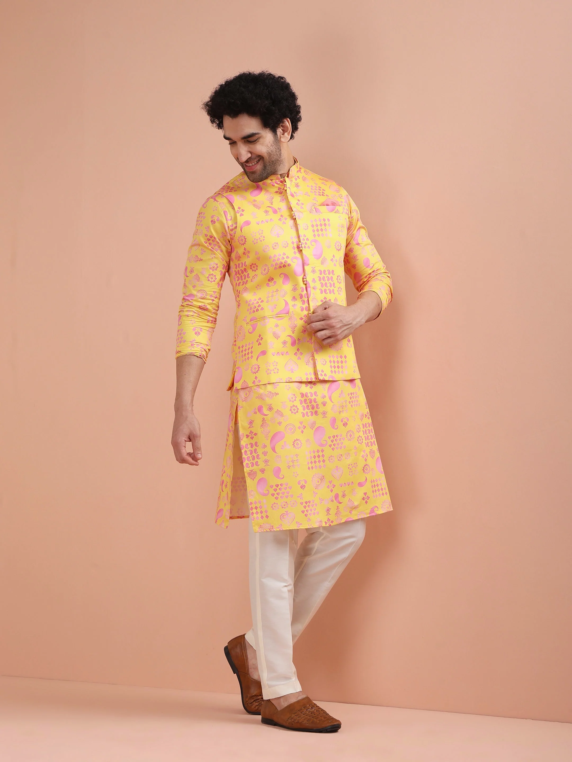 Yellow Cotton Silk Printed Nehru Jacket Kurta Trouser - Image 11