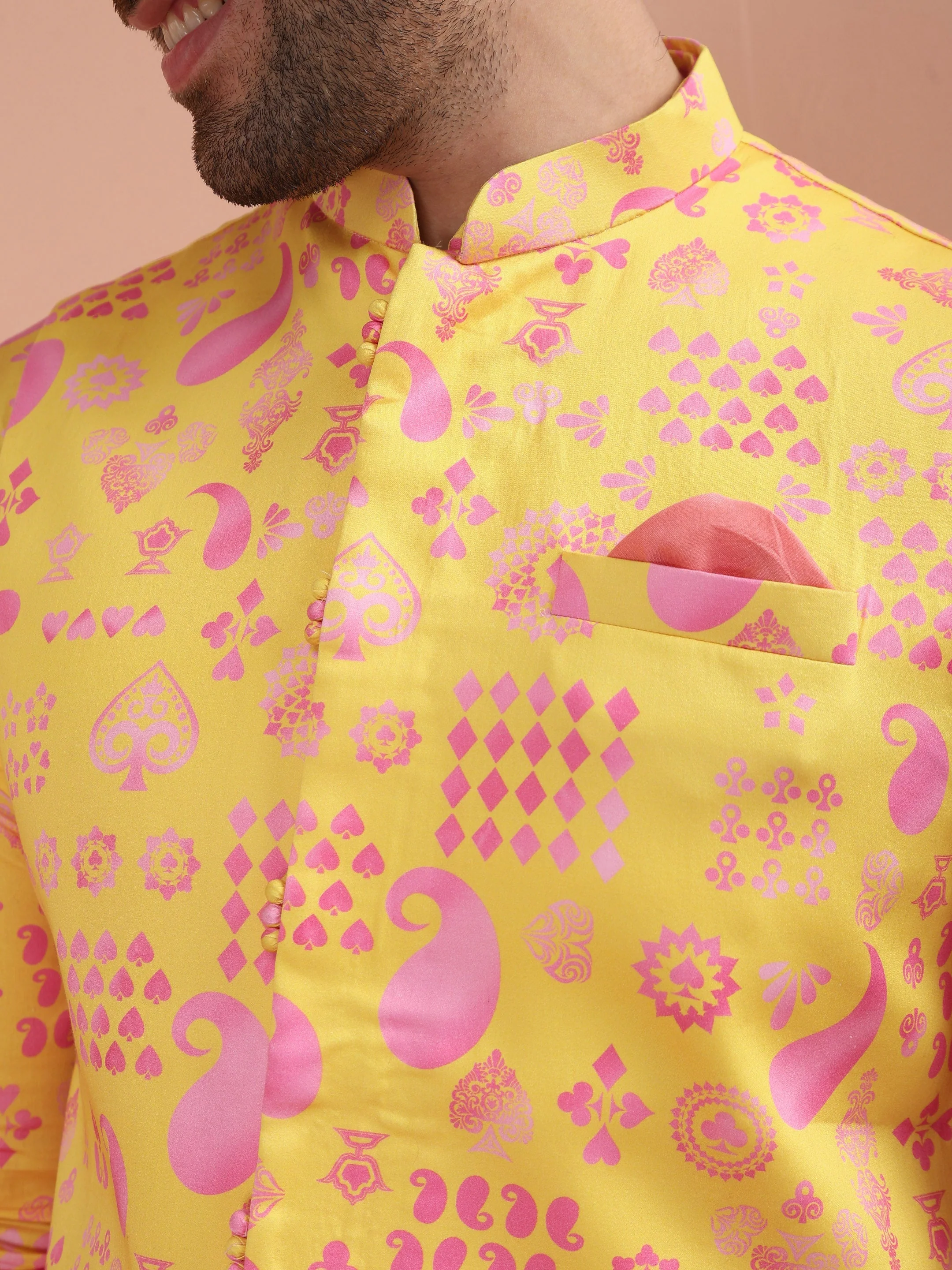 Yellow Cotton Silk Printed Nehru Jacket Kurta Trouser - Image 14