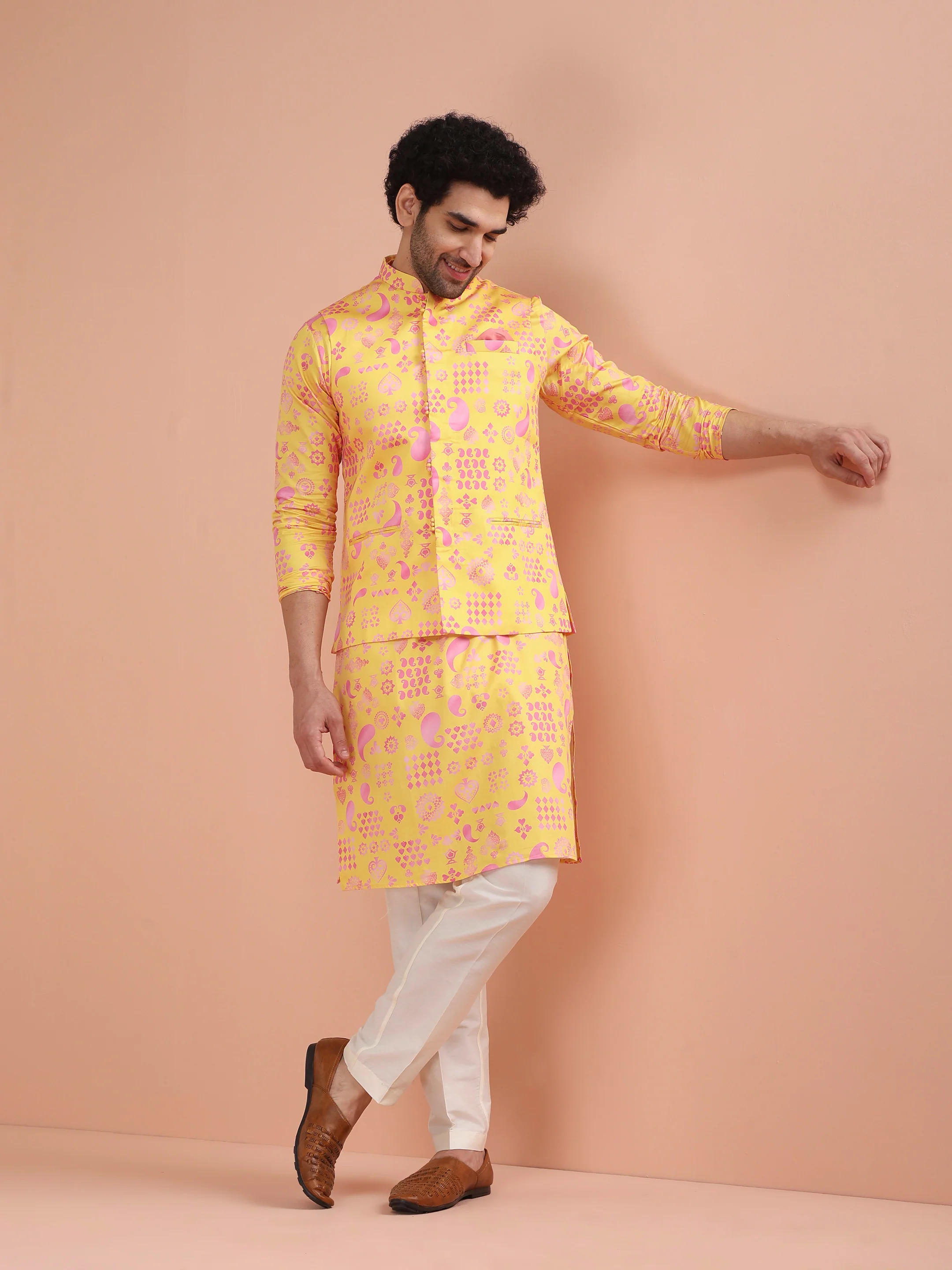 Yellow Cotton Silk Printed Nehru Jacket Kurta Trouser - Image 2