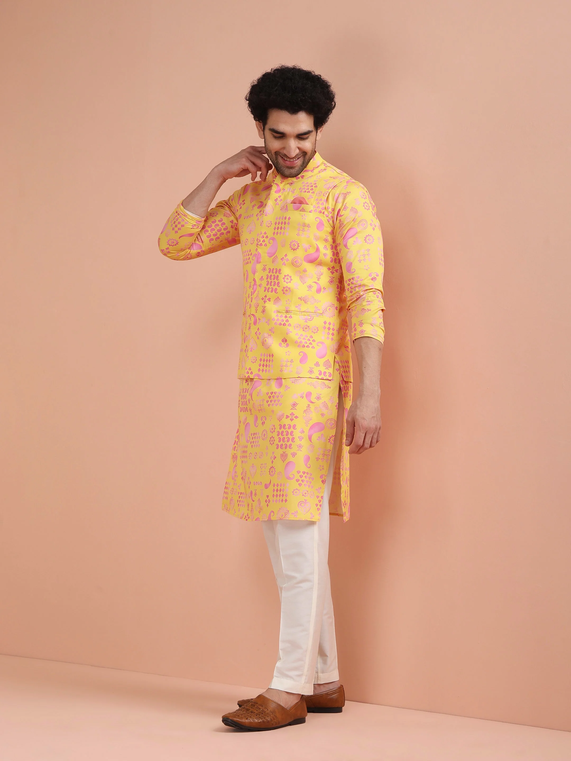 Yellow Cotton Silk Printed Nehru Jacket Kurta Trouser - Image 20