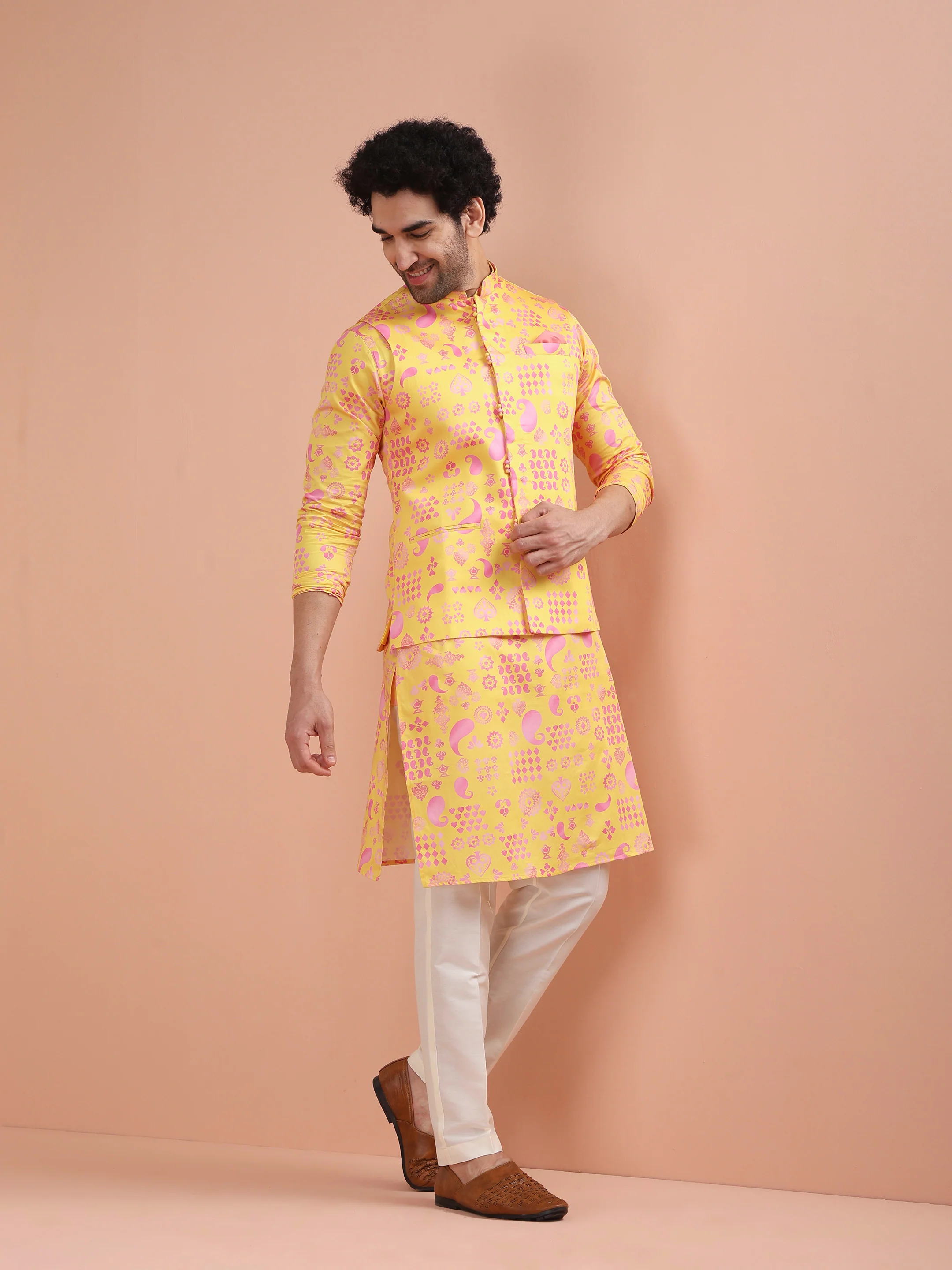 Yellow Cotton Silk Printed Nehru Jacket Kurta Trouser - Image 3