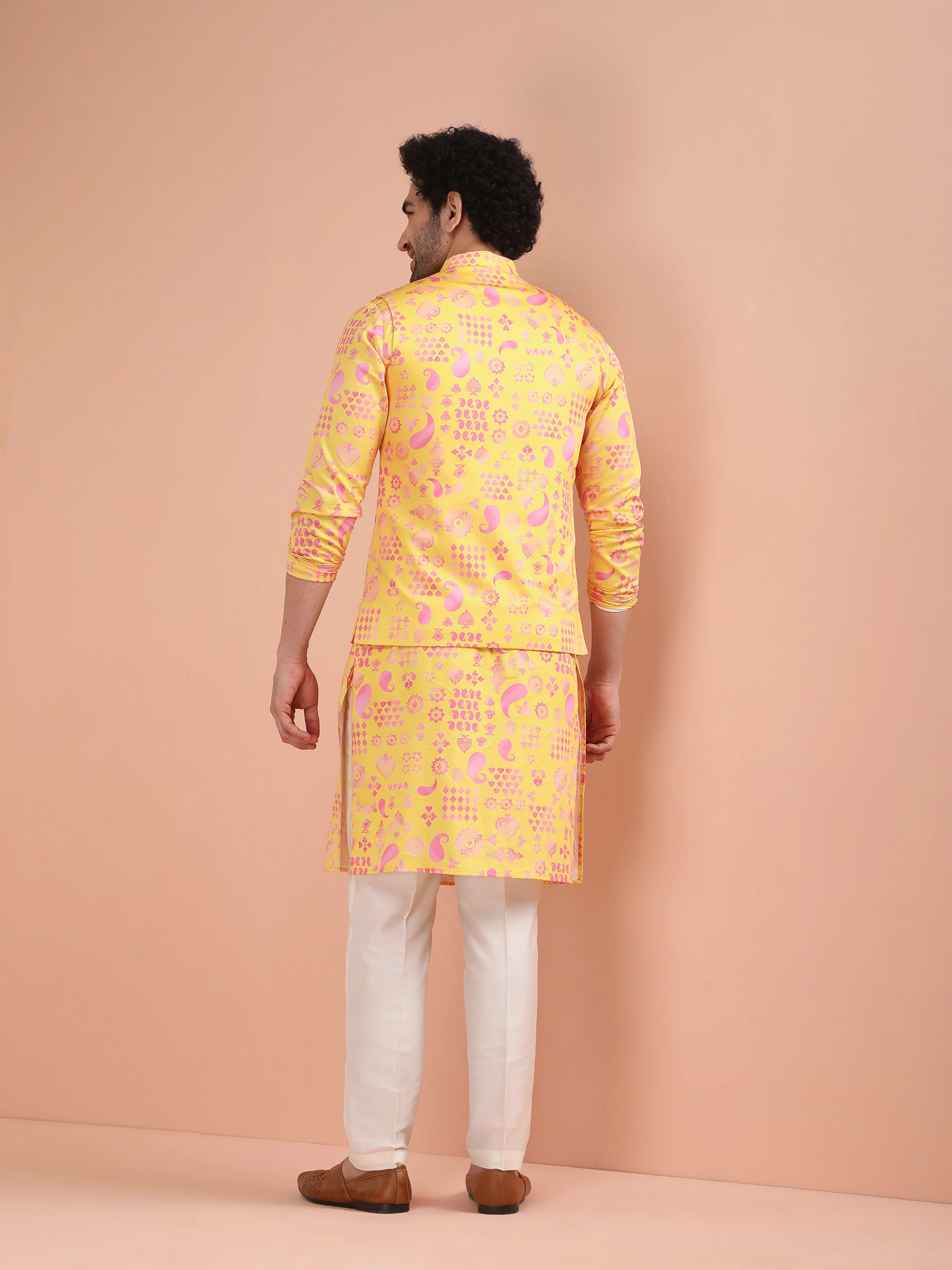 Yellow Cotton Silk Printed Nehru Jacket Kurta Trouser - Image 5