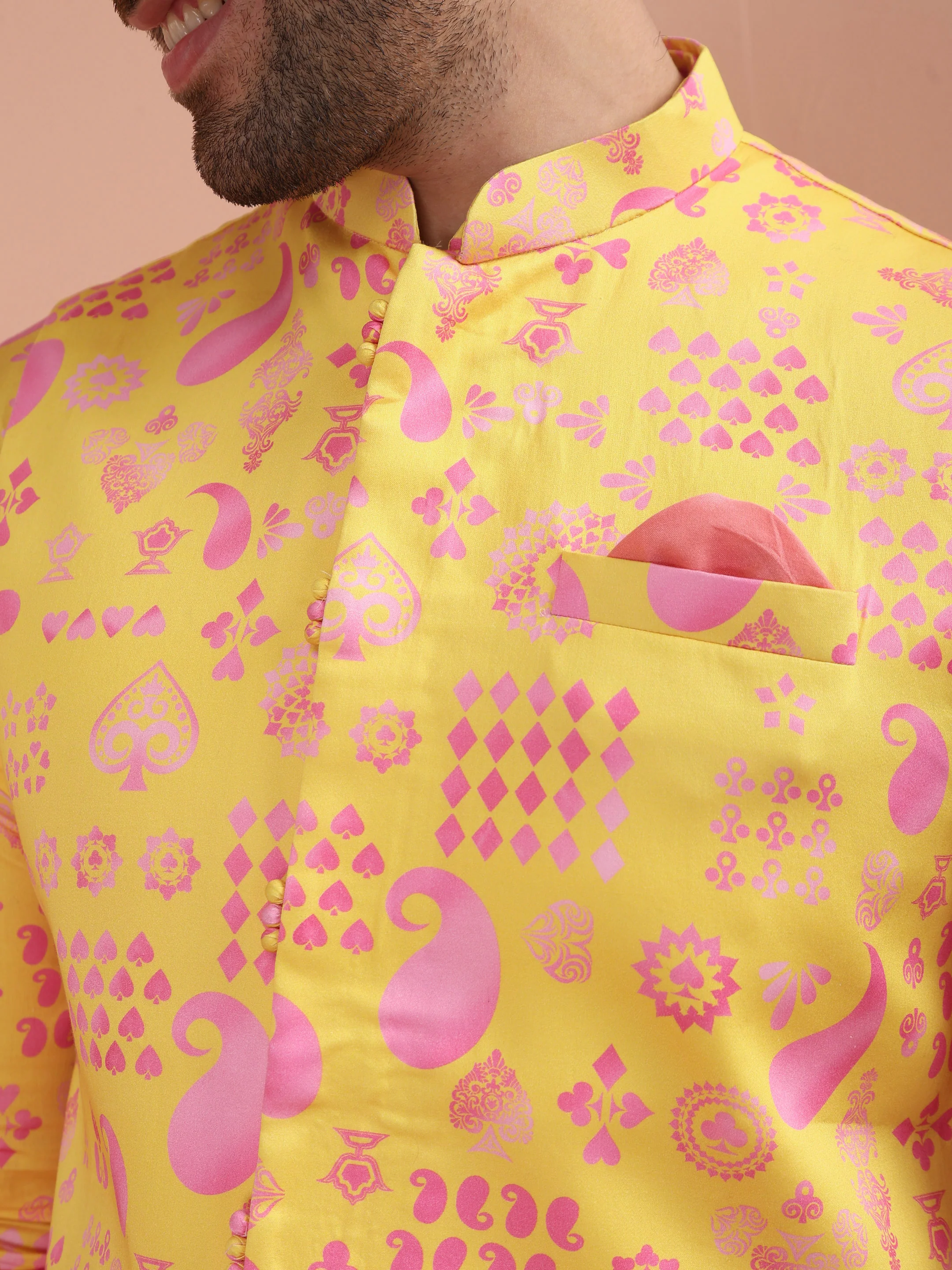 Yellow Cotton Silk Printed Nehru Jacket Kurta Trouser - Image 6