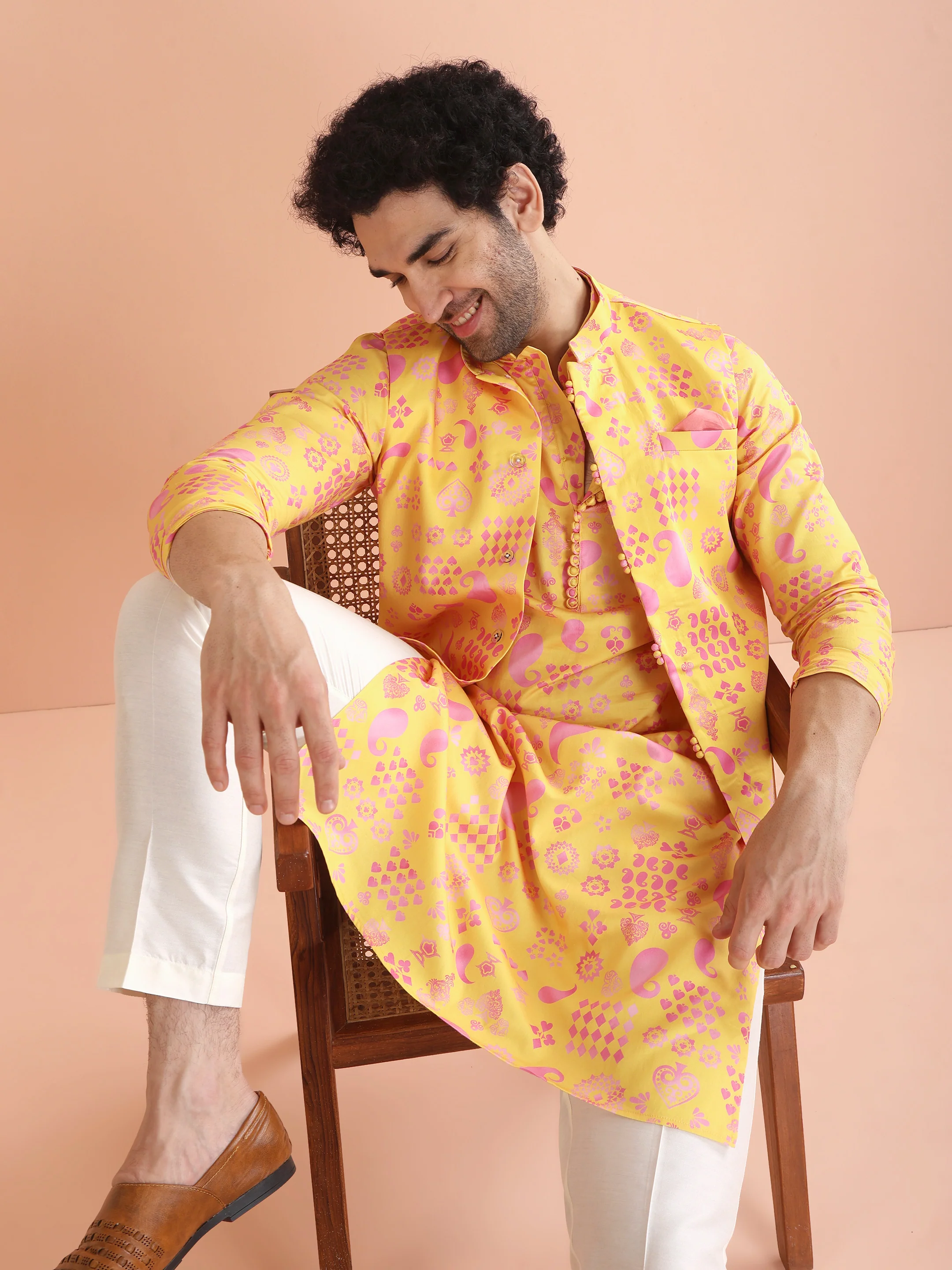 Yellow Cotton Silk Printed Nehru Jacket Kurta Trouser - Image 8