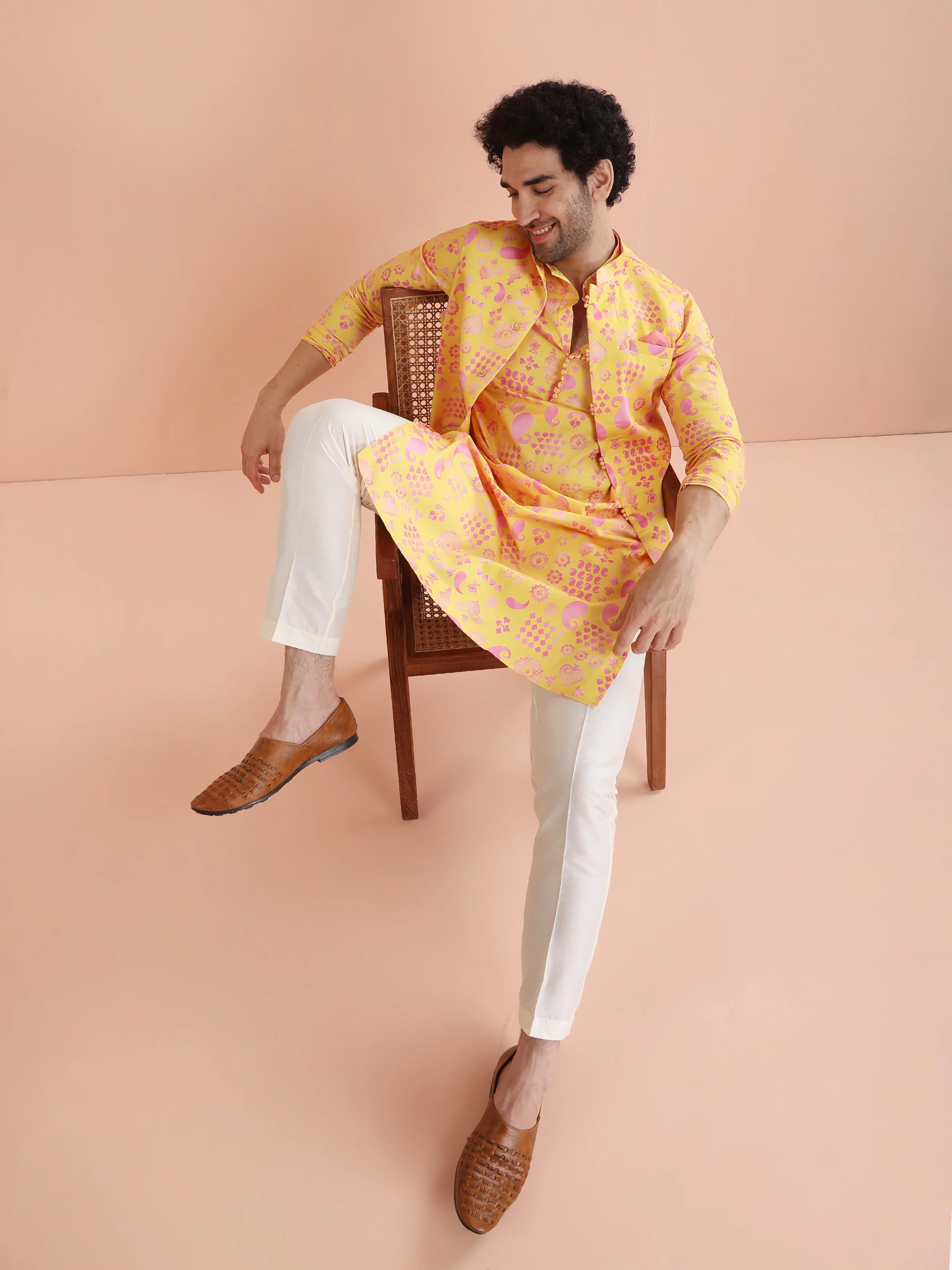 Yellow Cotton Silk Printed Nehru Jacket Kurta Trouser - Image 9