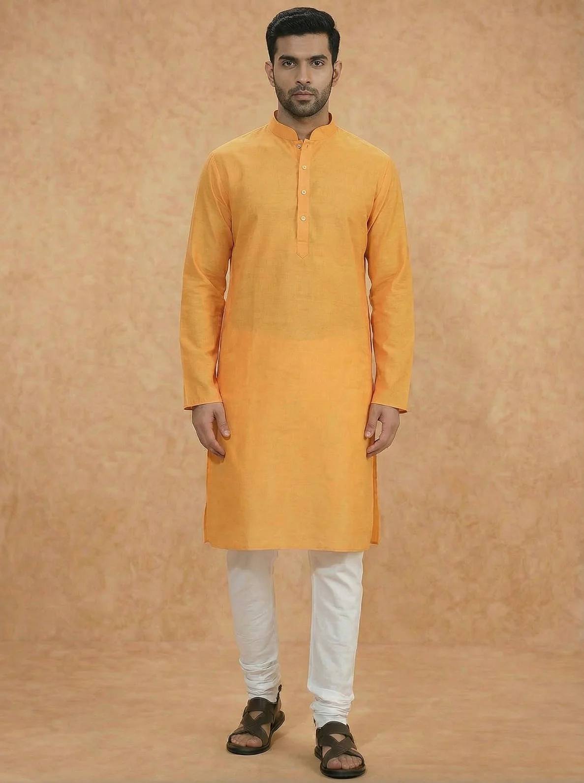 Yellow Silk Blend Solid Long Kurta - Image 2