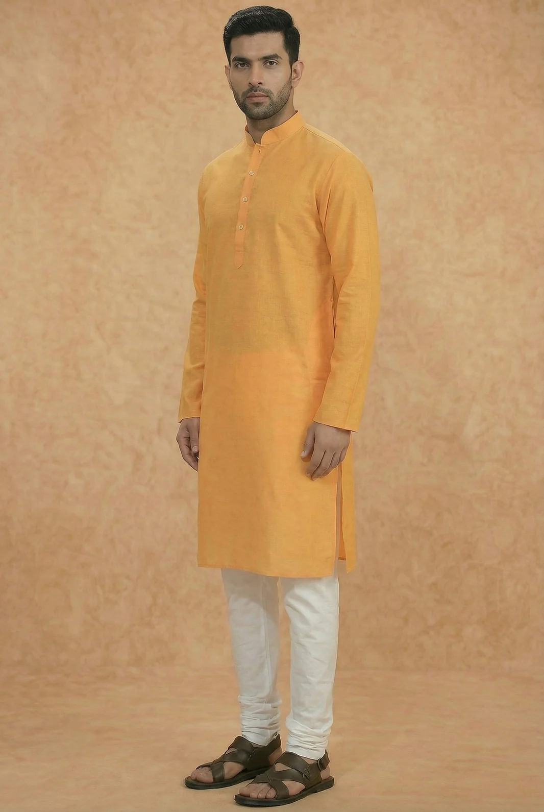 Yellow Silk Blend Solid Long Kurta - Image 3