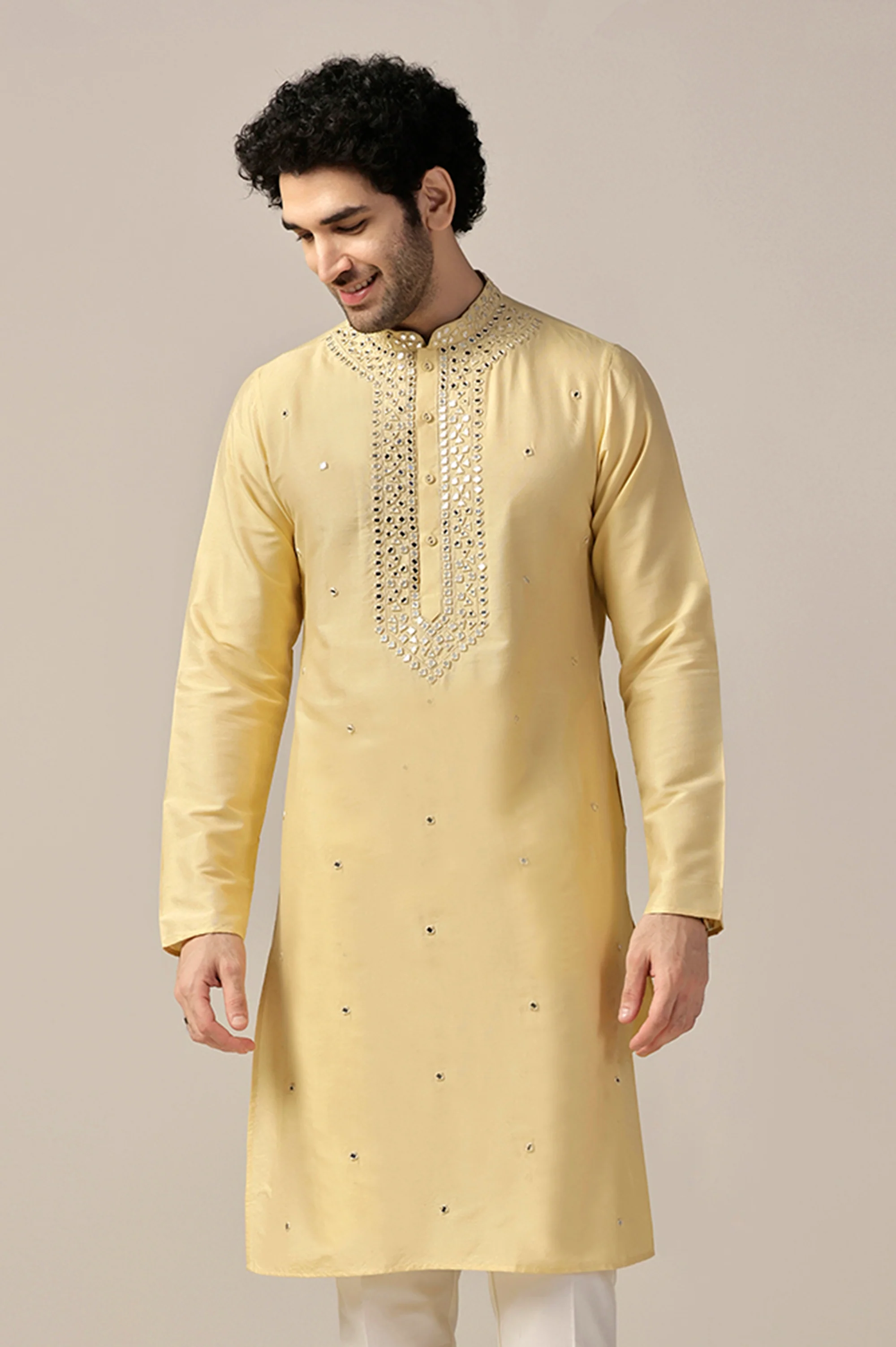 Yellow Silk Blend Heavy Mirror Work Kurta