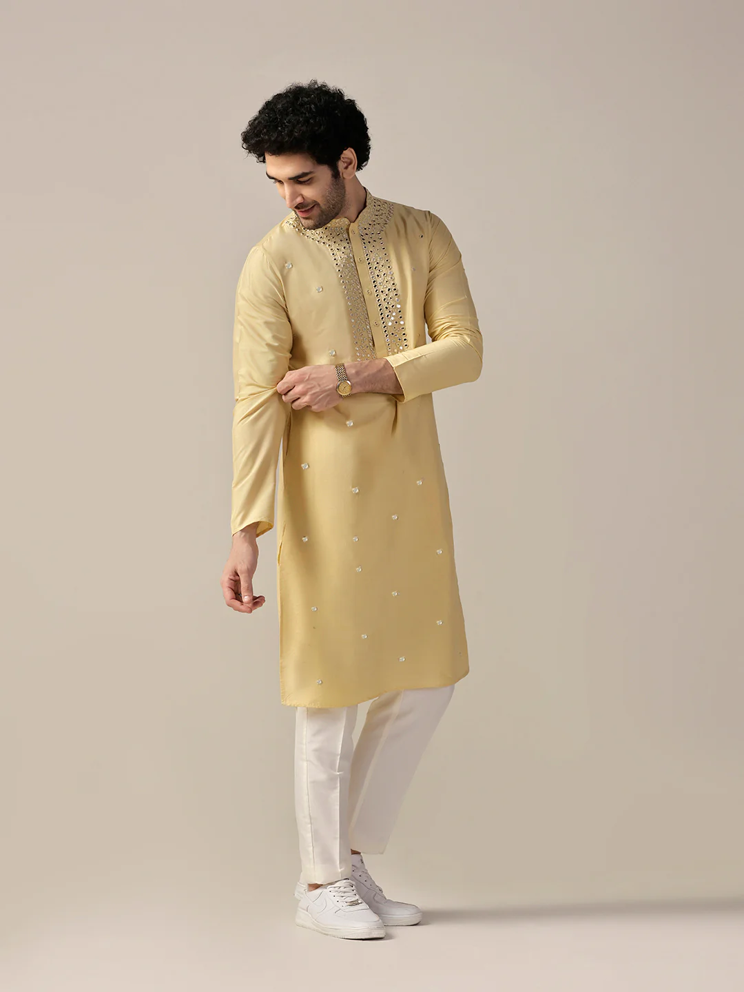 Yellow Silk Blend Heavy Mirror Work Kurta - Image 2