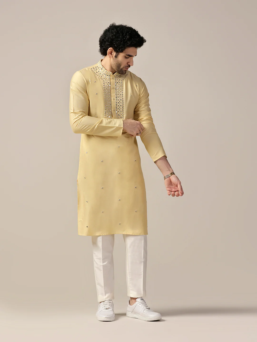 Yellow Silk Blend Heavy Mirror Work Kurta - Image 6