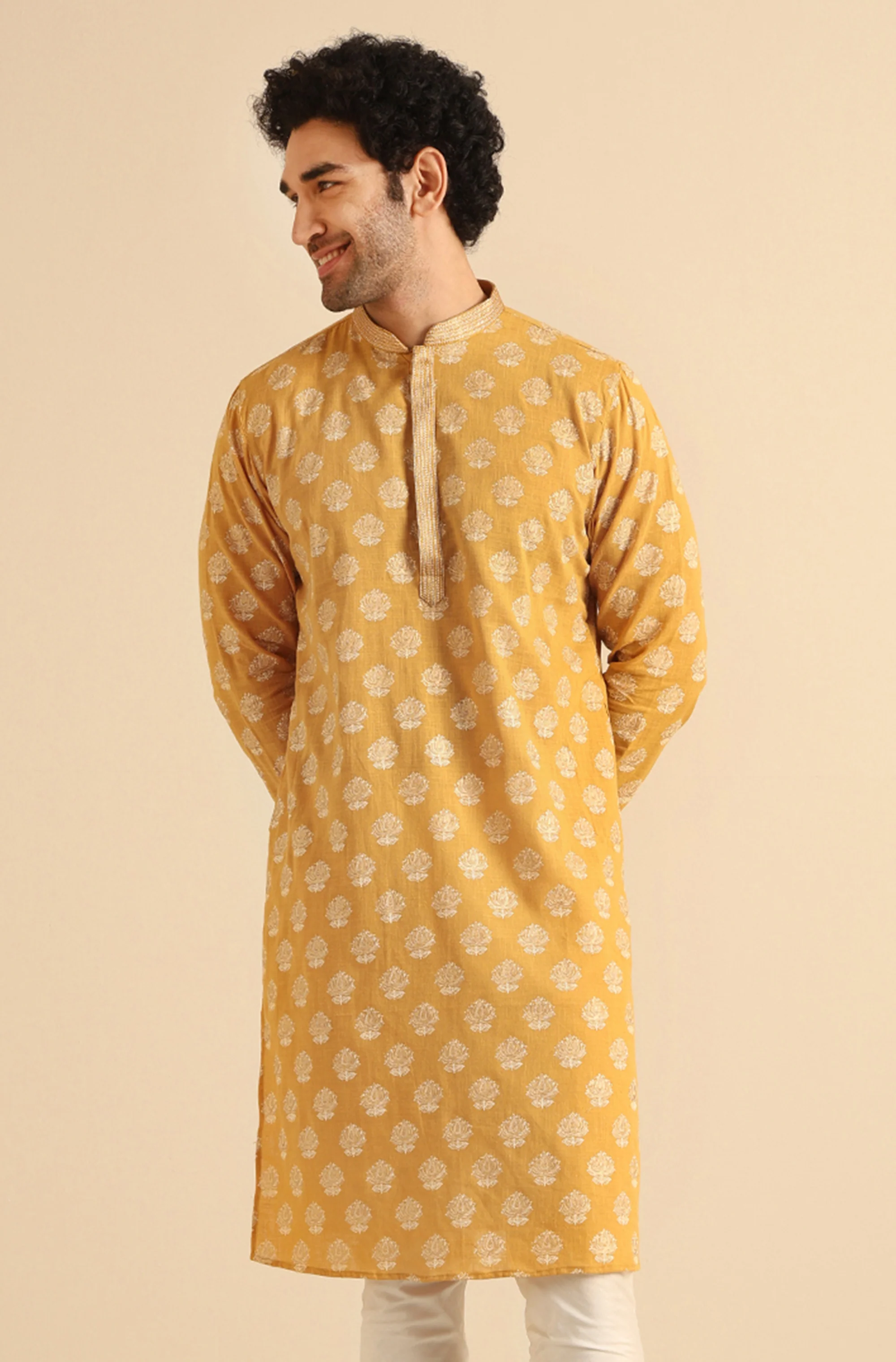 Mustard Yellow Jacquard Kurta - Image 2