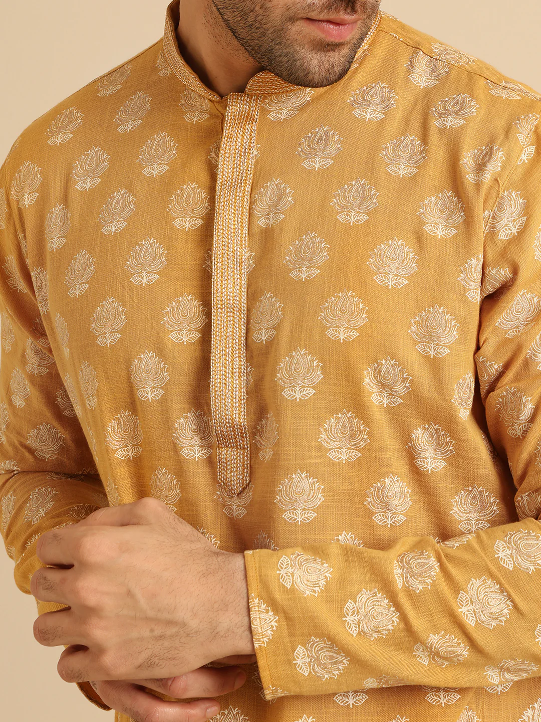 Mustard Yellow Jacquard Kurta - Image 6