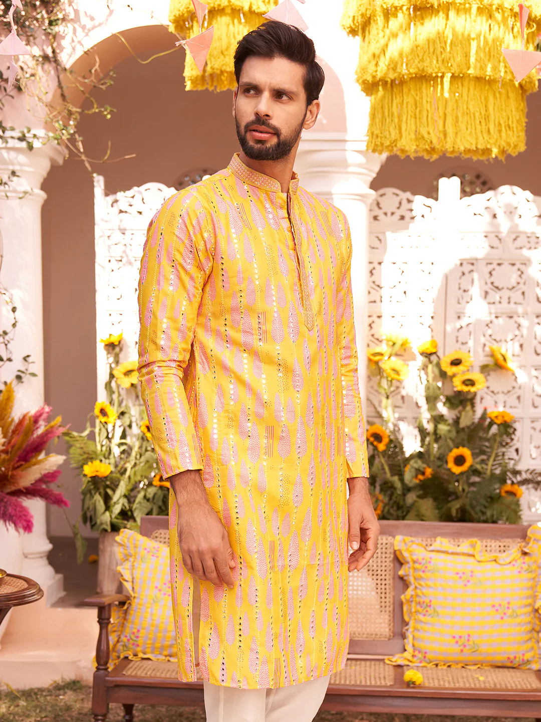 Yellow Printed Mirror Work Kurta