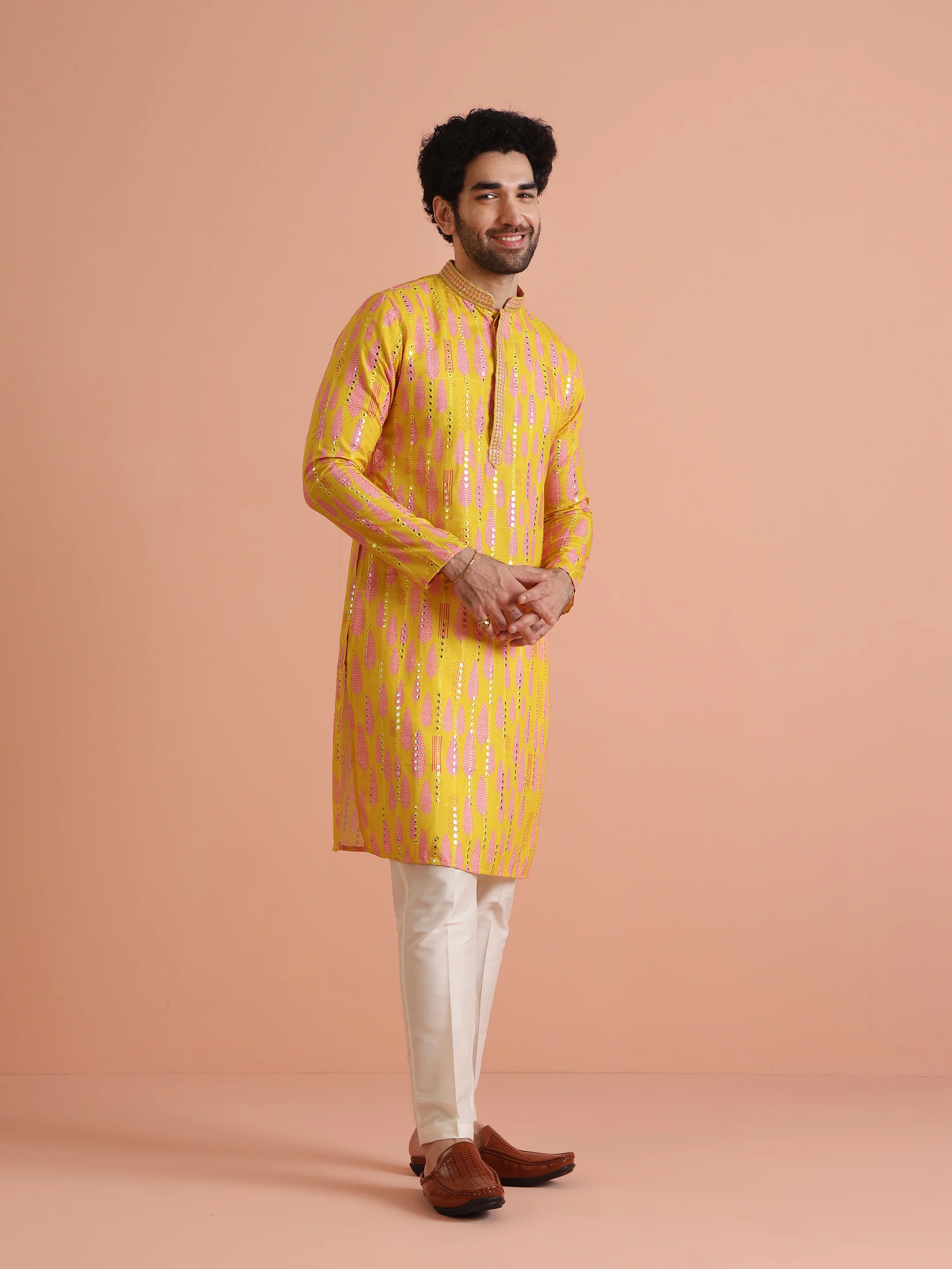 Yellow Printed Mirror Work Kurta - Image 3