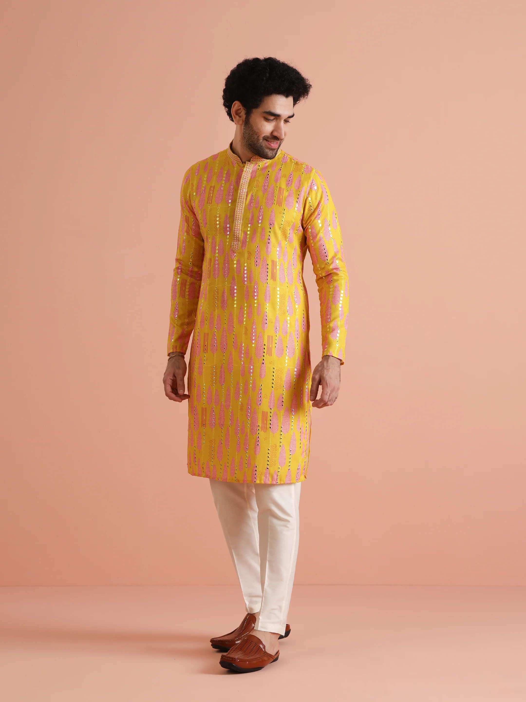 Yellow Printed Mirror Work Kurta - Image 4