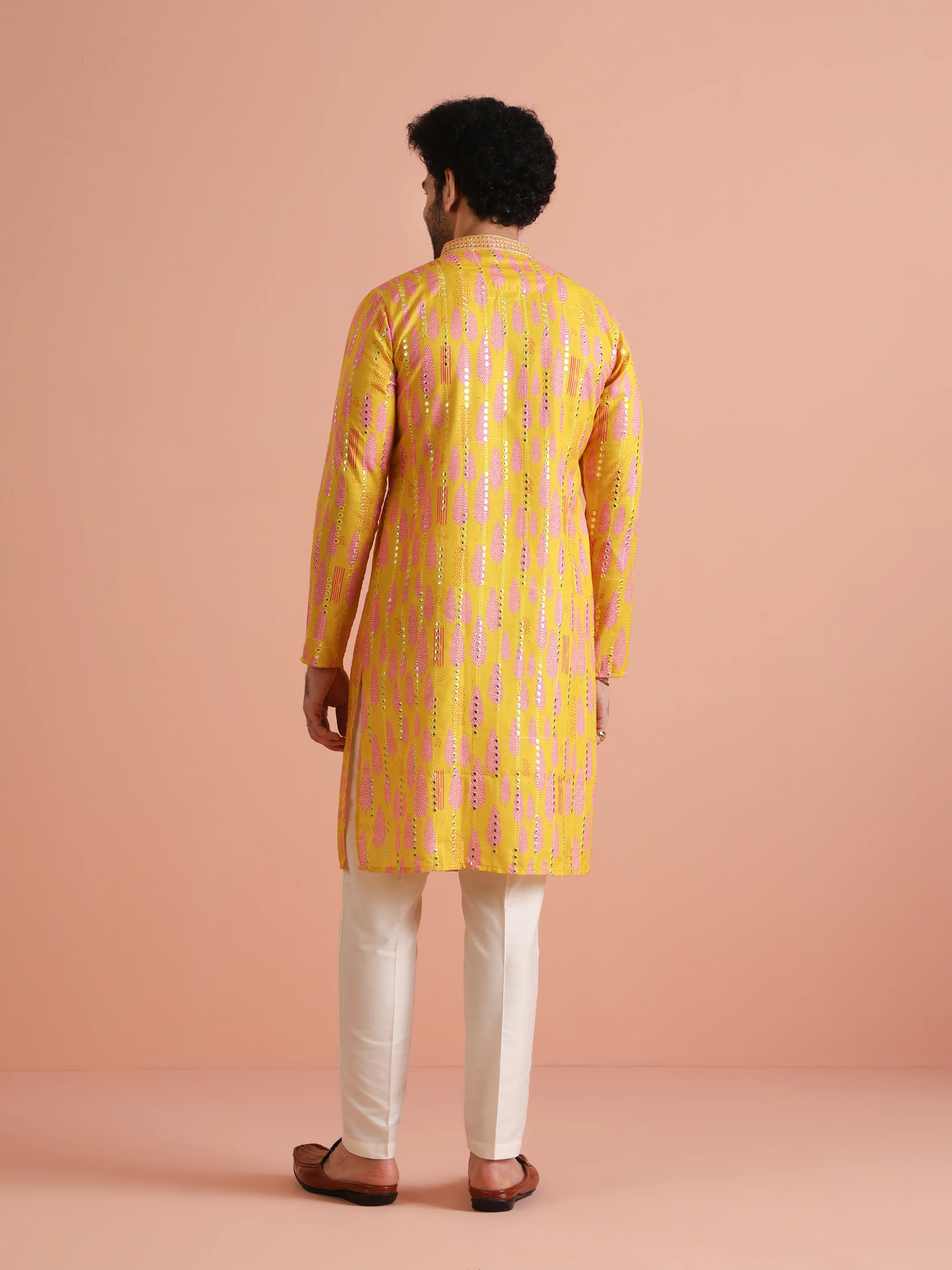 Yellow Printed Mirror Work Kurta - Image 5