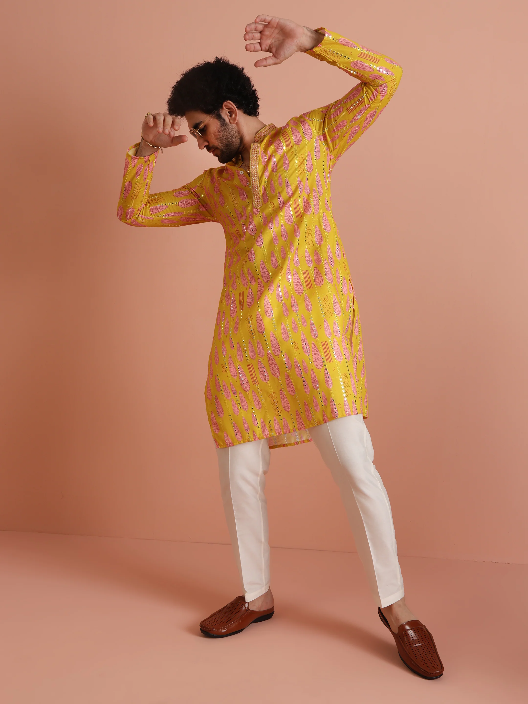 Yellow Printed Mirror Work Kurta - Image 7