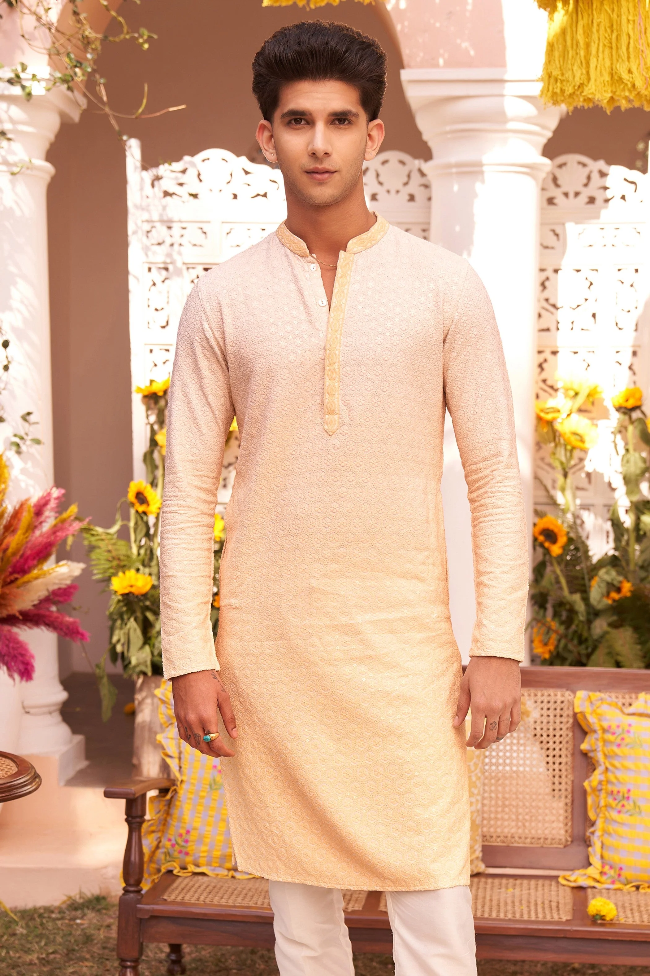 Cream Ombre Silk Blend Mirror Work Kurta - Image 8