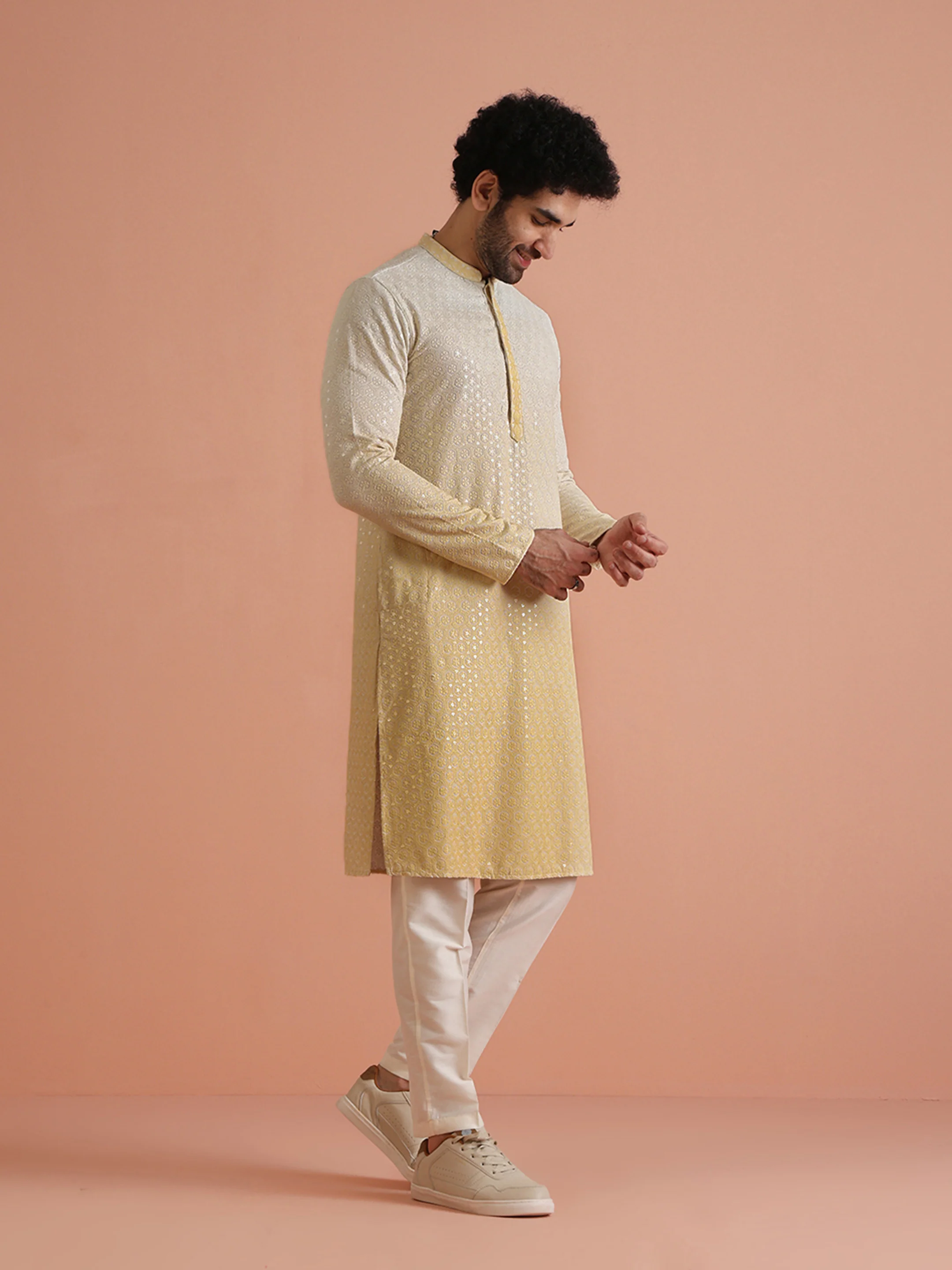 Cream Yellow Ombre Kurta with White Trouser - Image 3