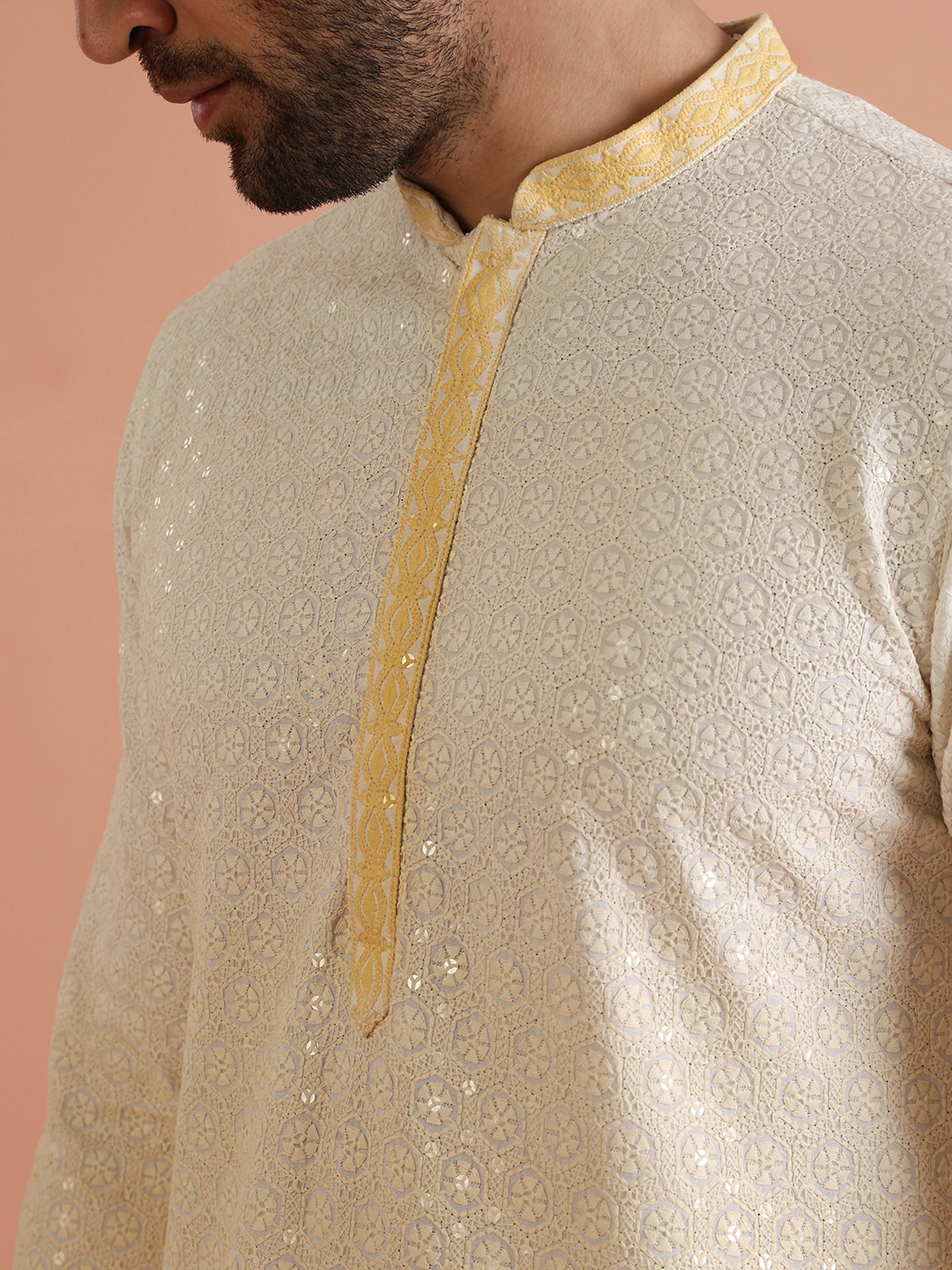Cream Yellow Ombre Kurta with White Trouser - Image 6